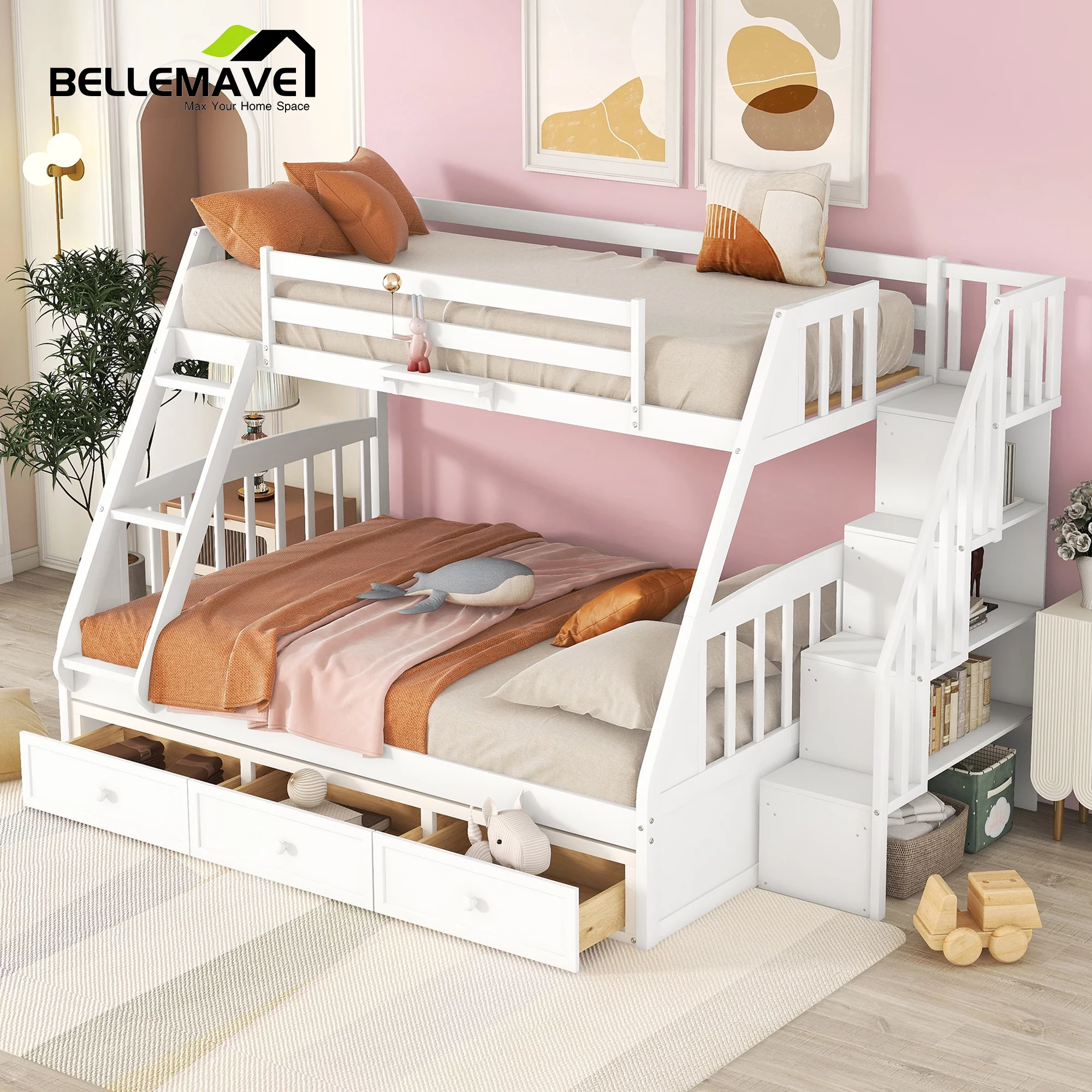 BELLEMAVE Twin over Full Bunk Bed with there drawer, bulid in ladder and storage stairs, Convertible into 2 beds, Kids bunk bed /Wood Bunk Bed for Kids, Teens(White)