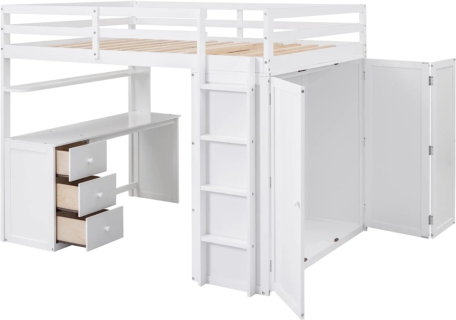 Momspeace Full Size Loft Bed with Wardrobe, Wood Loft Bed Frame with Desk 3 Storage Drawers Shelf Space Saving Platform Bed - White