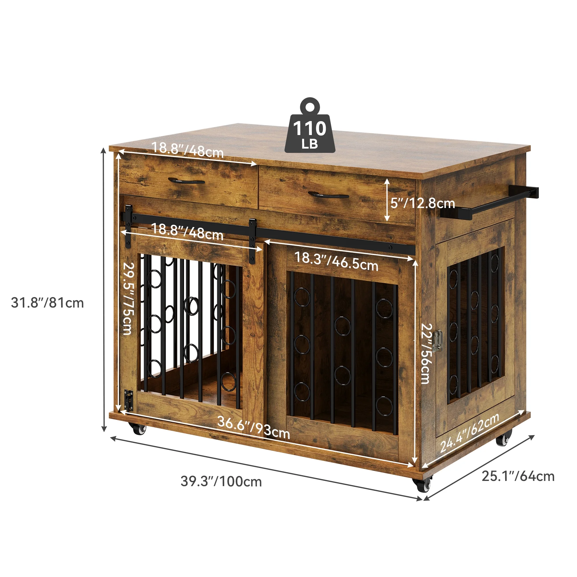 Dextrus Dog Crate Furniture, 39 inch large Wooden Indoor Dog Kennel with Divider Room and Drawers, Removable Tray End Table, Double Door Dog House for Small Medium Dog, Brown