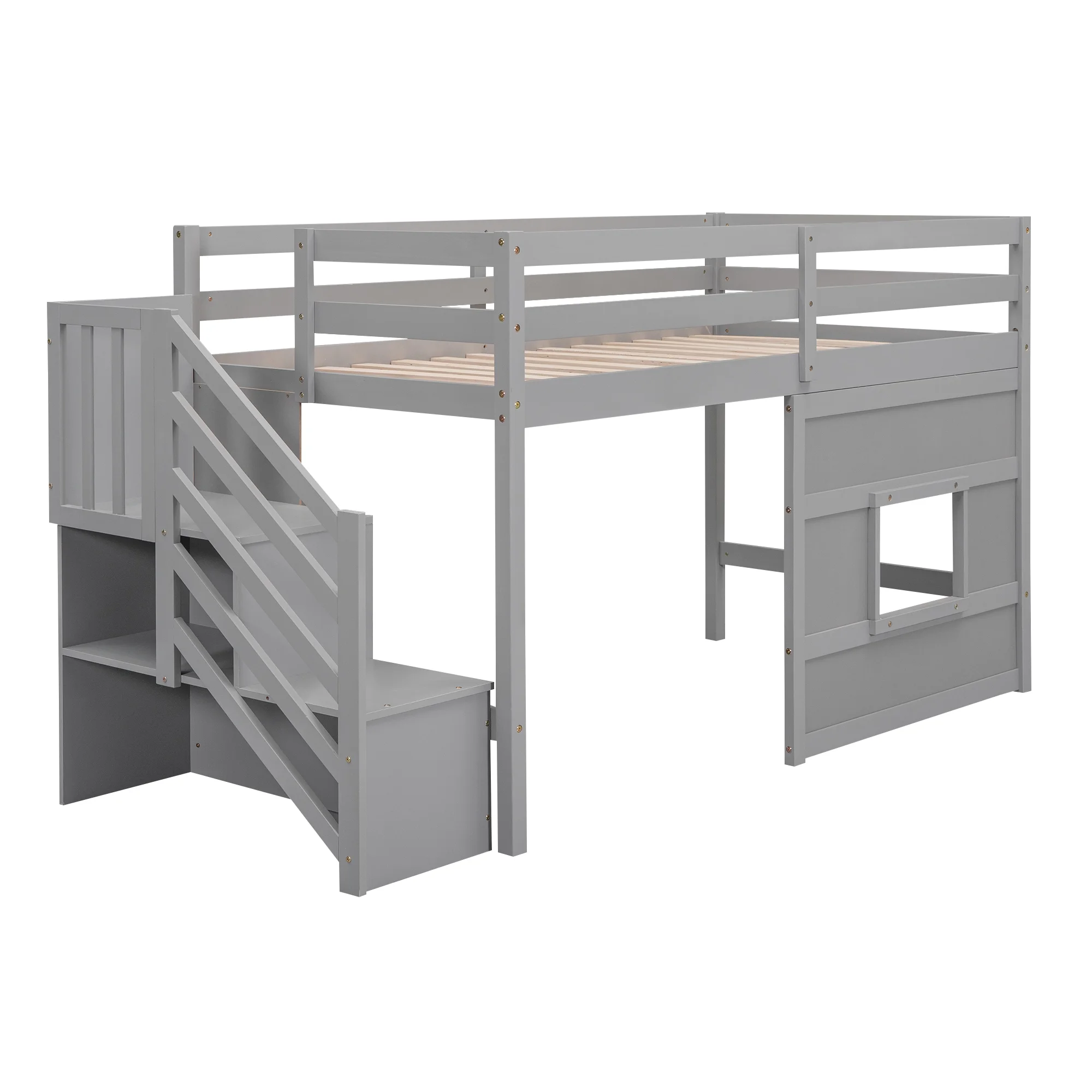 Bellemave Twin over Twin Size Loft bed with Underneath House & Strong Storage Staircases ,Solid Wood Twin Loft Bed with Full-Lengths Guardrails for Kids,Gray