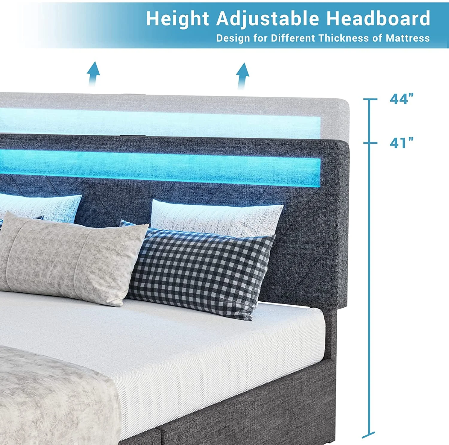 Afuhokles Queen Bed Frame with LED Lights Headboard, 4 Drawers,2 USB Charging Station, Upholstered Platform Bed, Dark Gray