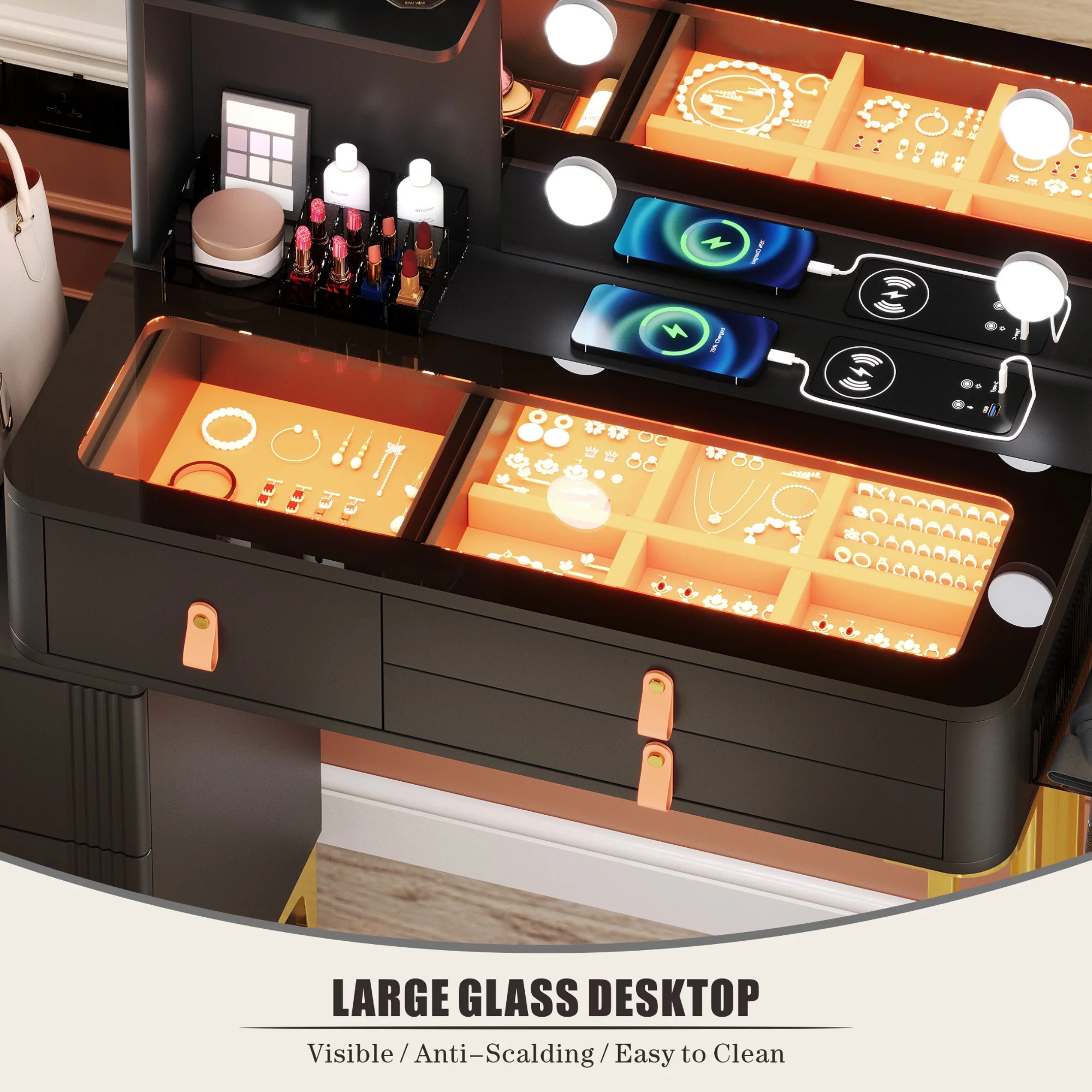 FREDEES Makeup Vanity Desk Set with Hollywood Mirror and Led Lights and Charging Station for Bedroom, Black