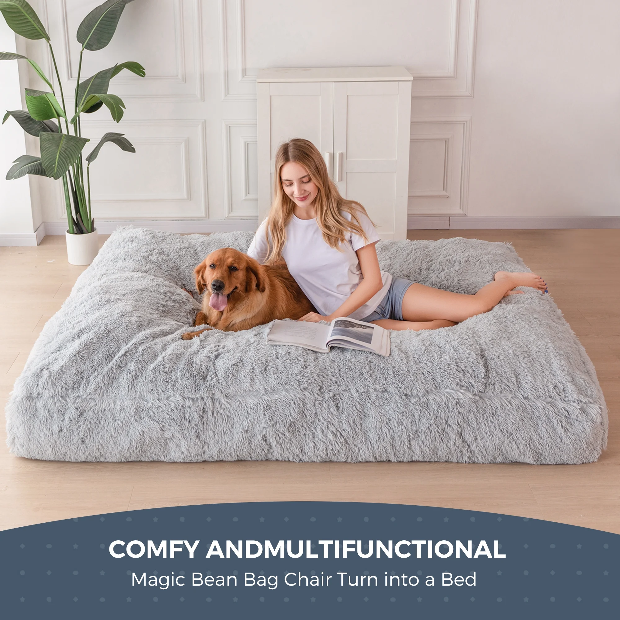 BYBYME Giant Bean Bag Chair Bed for Adults, Convertible Beanbag Folds from Lazy Chair to Floor Mattress Bed, Large Floor Sofa Couch, Big Sofa Bed, High-Density Foam Filling, Machine Washable,Full