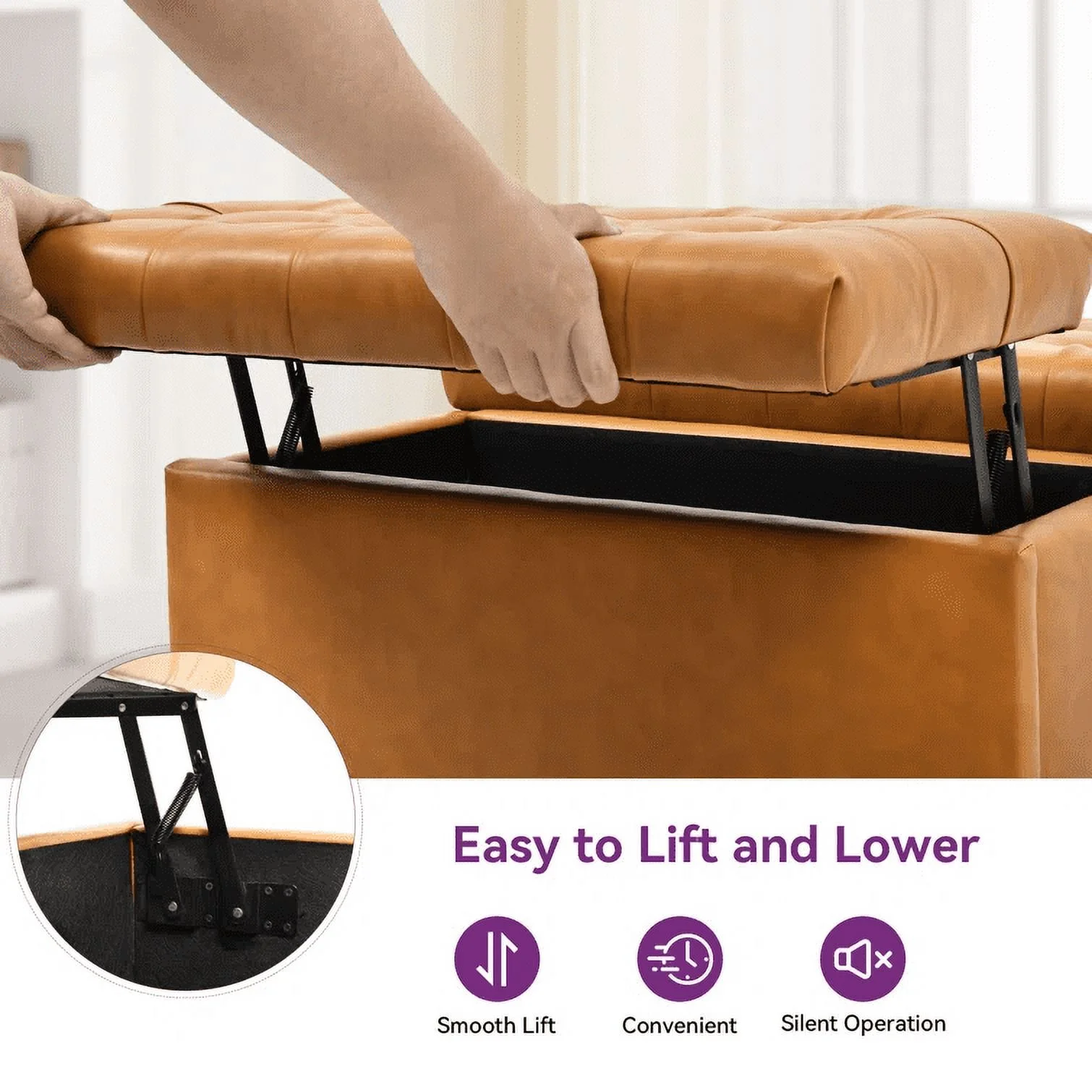 Dextrus 16.14''H Coffee Table Square Storage Ottoman, Brown Faux Leather