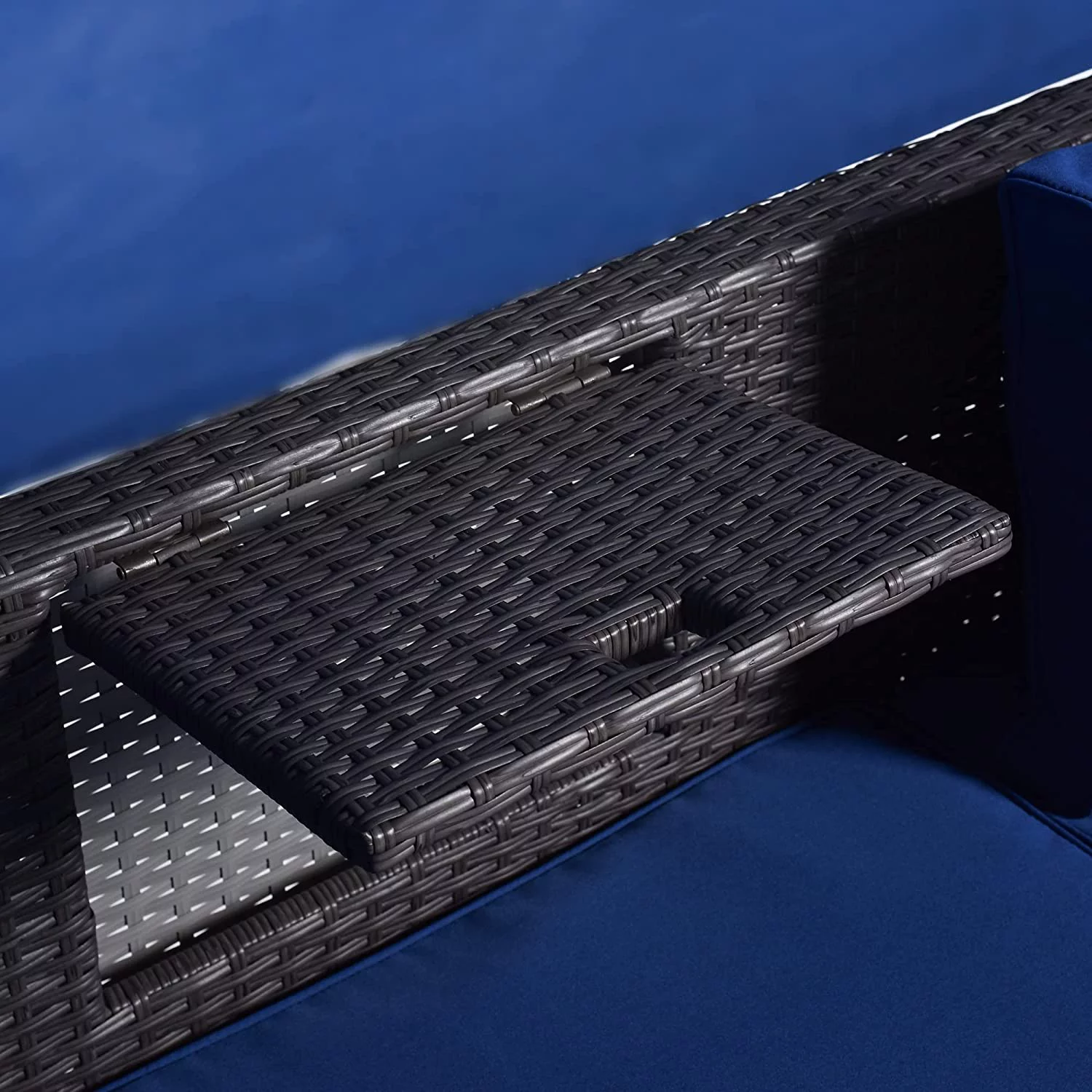 Outdoor Patio Rectangle Daybed with Retractable Canopy,All-Weather Wicker Sectional Furniture Set with Cushions and Lifting Table for Backyard Porch, Blue