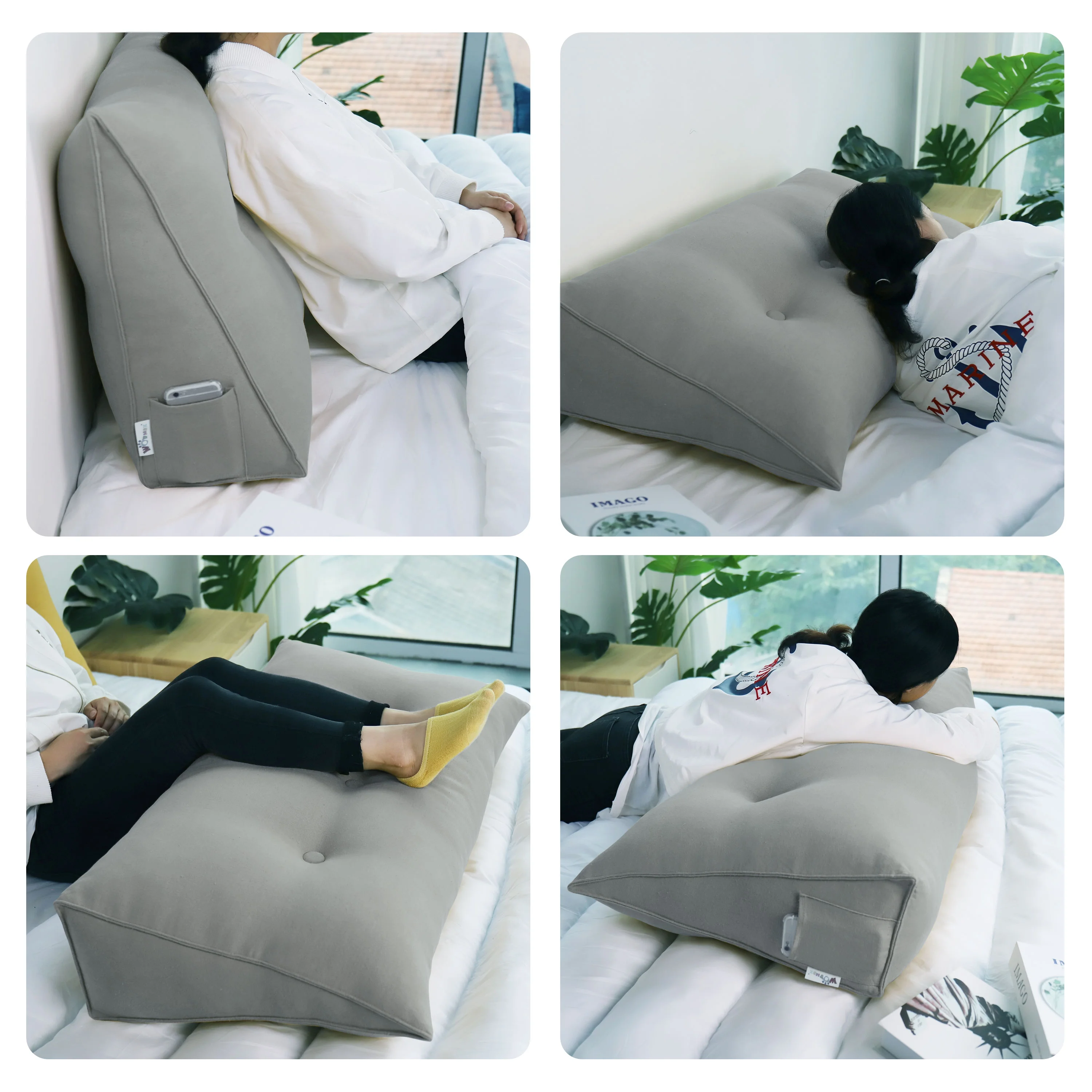 Johnear Large Headboard Reading Pillow Cotton Linen Daybed Cushion Backrest Bolster Pillow Triangular Wedge Support Positioning for Bed Sofa Rest (gray, King)