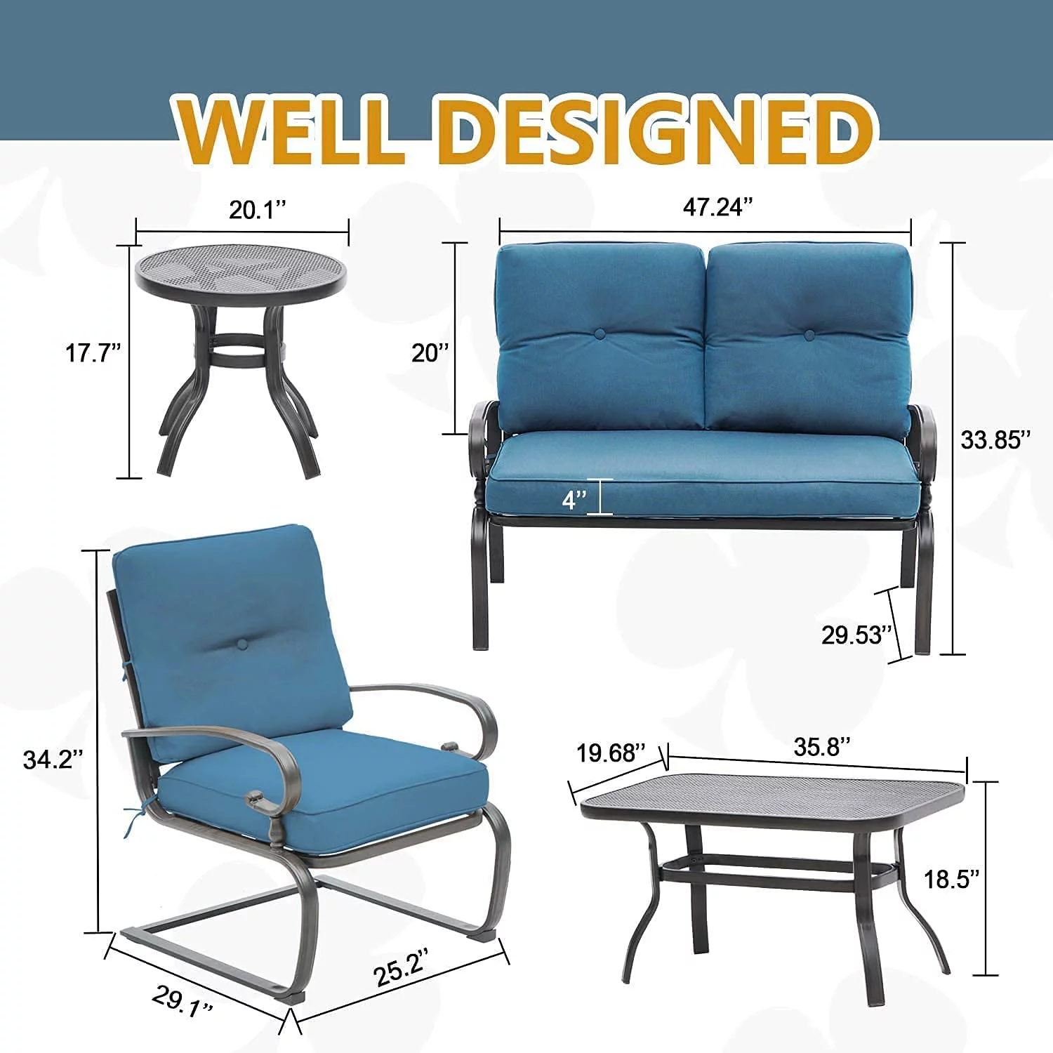 SOLAURA 5-Piece Outdoor Patio Conversation Set with Metal Loveseat, Spring Chairs and Table, Peacock Blue