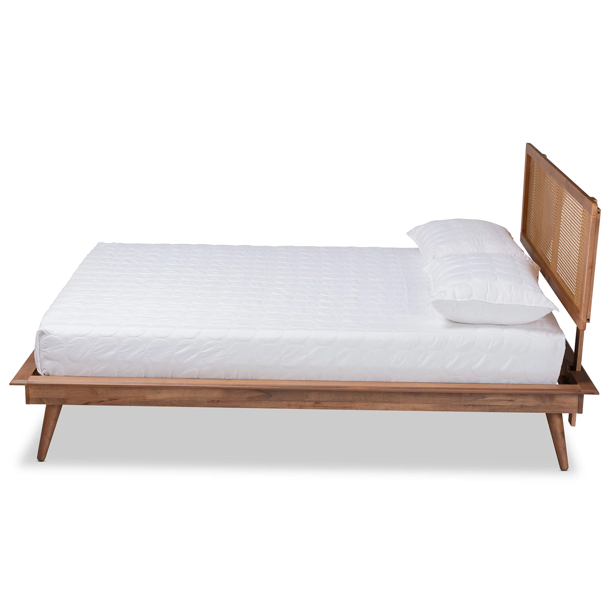 Baxton Studio Nura Mid-Century Modern Walnut Brown Finished Wood and Synthetic Rattan Full Size Platform Bed