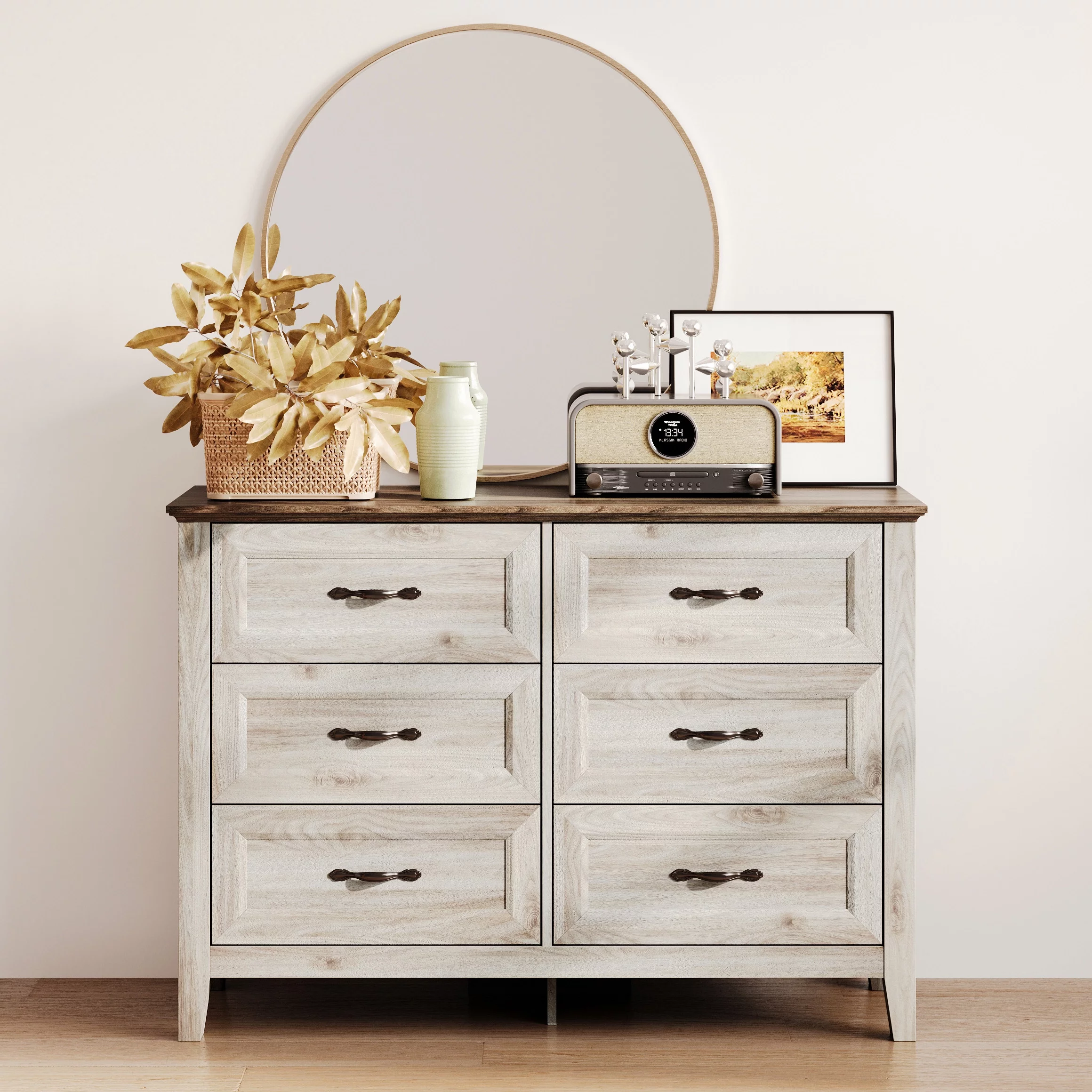 LINSY HOME Dresser for Bedroom, Long Dresser with 6 Drawers and Antique Handles, Chest of Drawers for Living Room, Entryway and Hallway, Rustic Oak