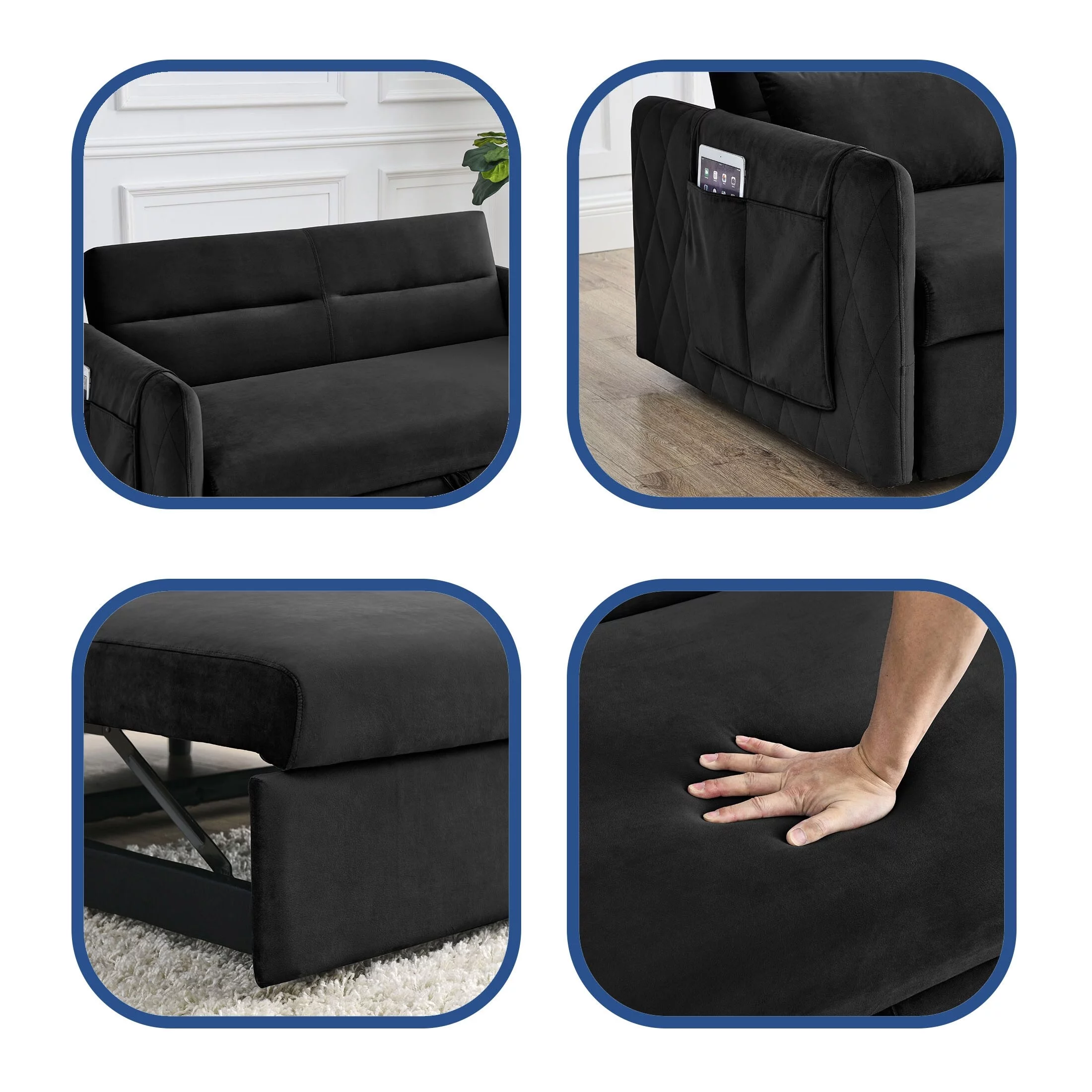 YJTONWIN Convertible Velvet Loveseat Sofa Bed Pull Out Bed Adjustable Backrest Grey