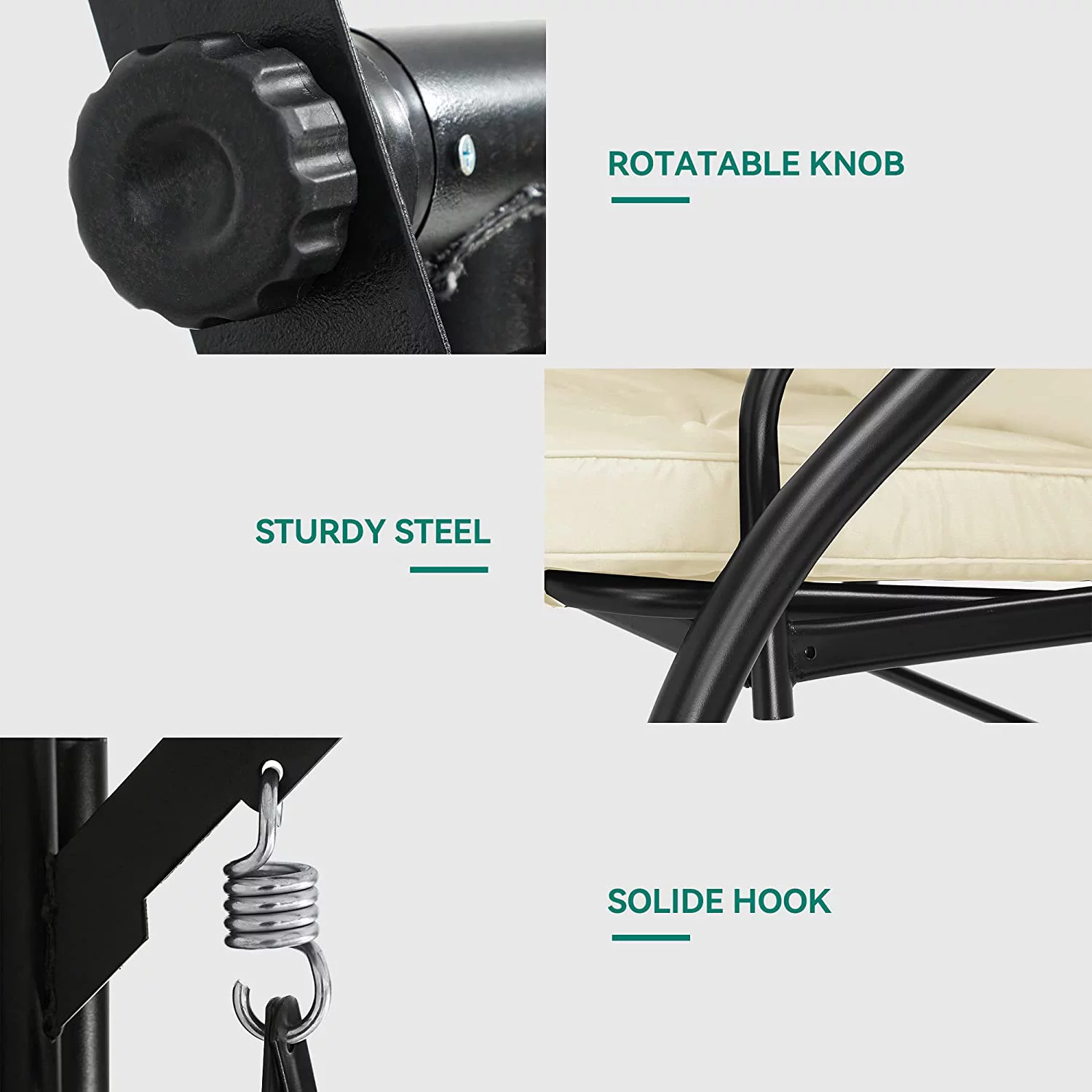 Dextrus Porch Swing Bed 3-Seats Outdoor Patio Swing Heavy Duty Swing Chair with Adjustable Canopy Removable Cushion , Beige