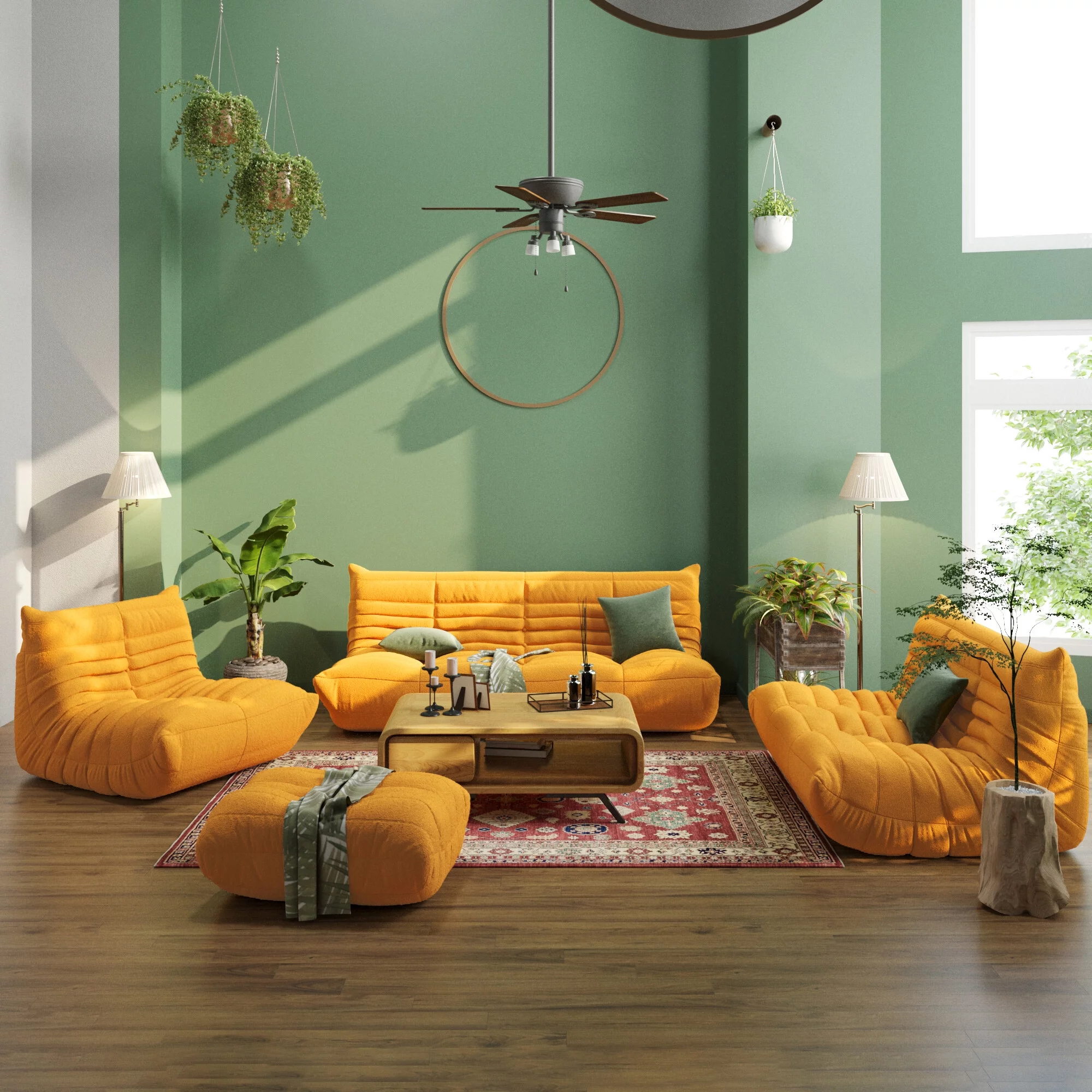 Magic Home Modern Sectional Sofa Togo Sofa Lazy Sofa Floor Sofa Foam Sofa Teddy Velvet Couch for Living Room and Apartment,6 Seat Sofa and Ottoman,Yellow