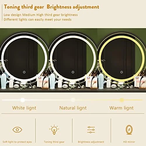 HBBOOMLIFE FUFU&GAGA Vanity Set with Round Mirror  Makeup Vanity Dressing Table with 5 Drawers  Shelves  Dresser Desk and Cushioned Stool Set (Black/Lighted Mirror)