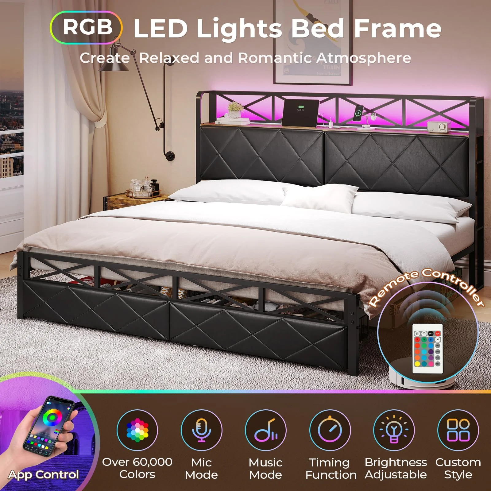 King Size LED Bed Frame with Storage Headboard and 2 Drawers,Upholstered Platform Bed with Led Lights and USB Port Charging,Hidden Storage,Black