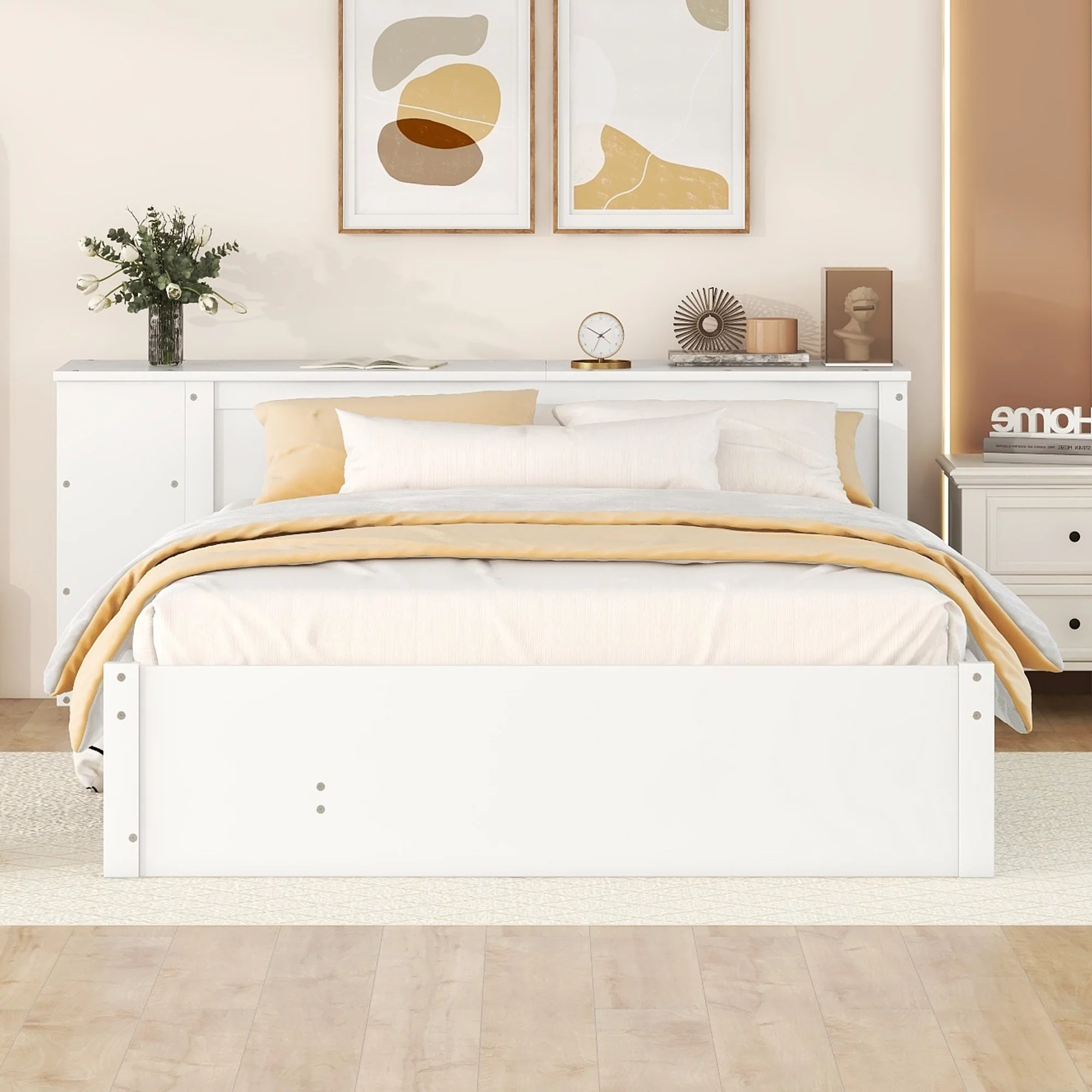 Churanty Full Size Platform Bed Frame with Rolling Desk and Storage Headboard Modern Wood Bed Frame with Trundle and Drawers,White