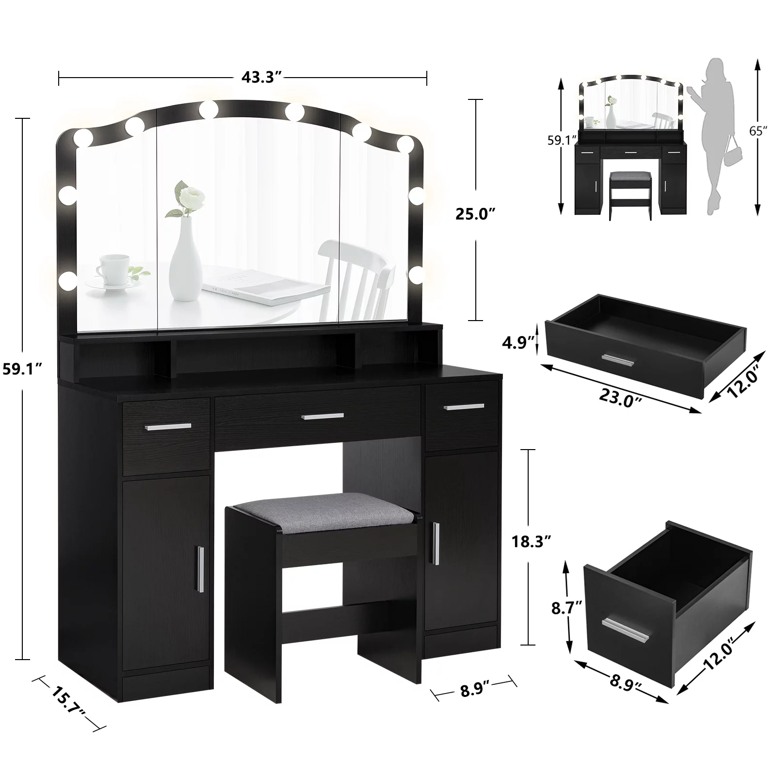 USIKEY Large Vanity Set with Large Lighted Mirror, Modern Makeup Vanity Table with 3 Drawers, 2 Storage Cabinets & 10 LED Bulbs, BlackYSZT32HD