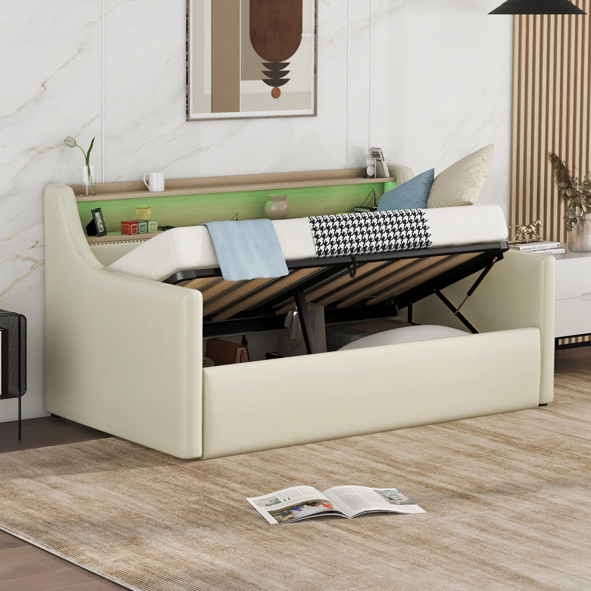 ONME Twin Size Daybed with Hydraulic Storage, Upholstered Daybed with Lift Up Storage, Twin Leather Daybed with Charging Station and LED Lights, Beige