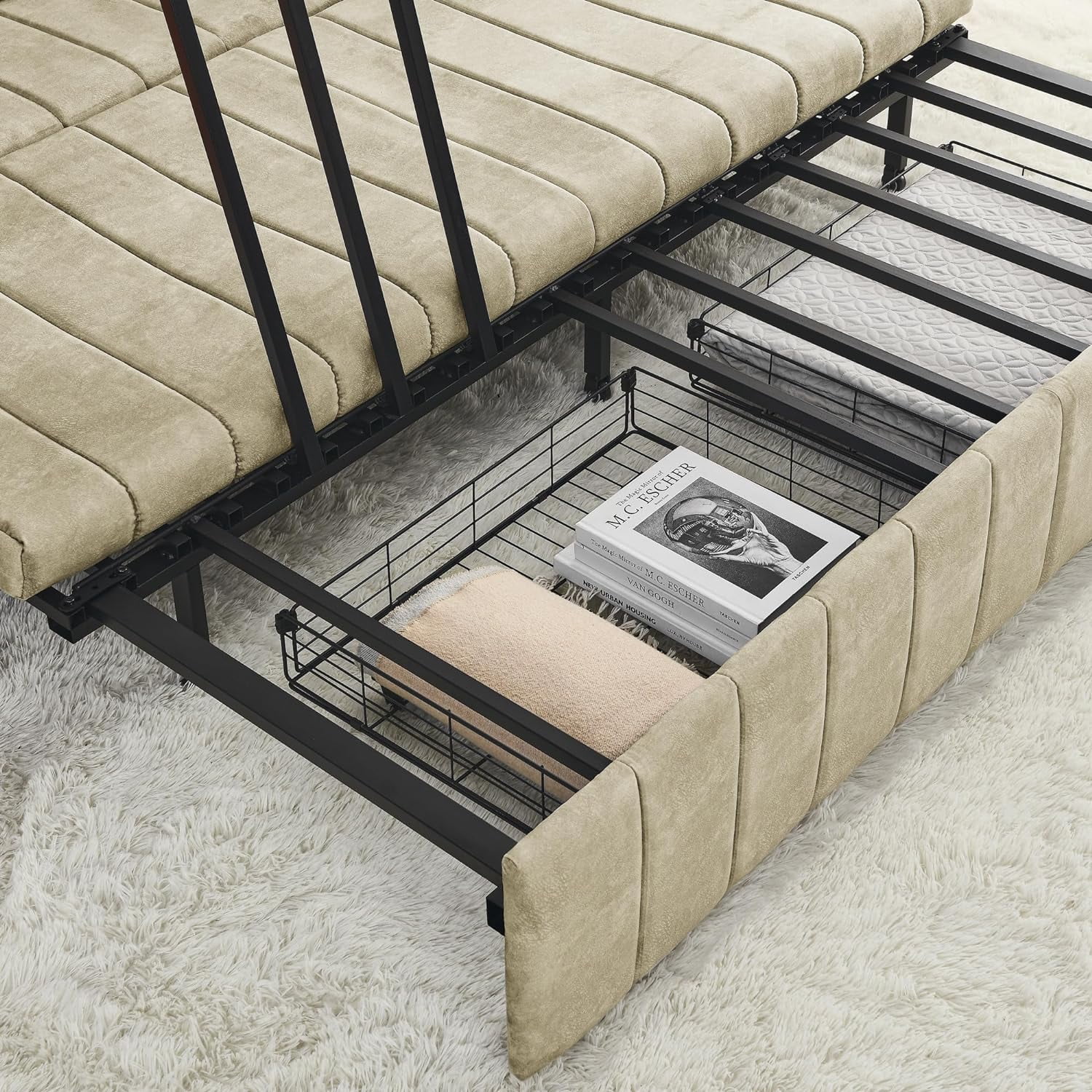 3-in-1 Convertible Sleeper Sofa Bed,Pull-Out Bed Sleeper with Rolled Arms Decorated with Copper Nails,Modern Upholstered 3 Seats Sofabed with Two Drawers and Two Pillows,Black