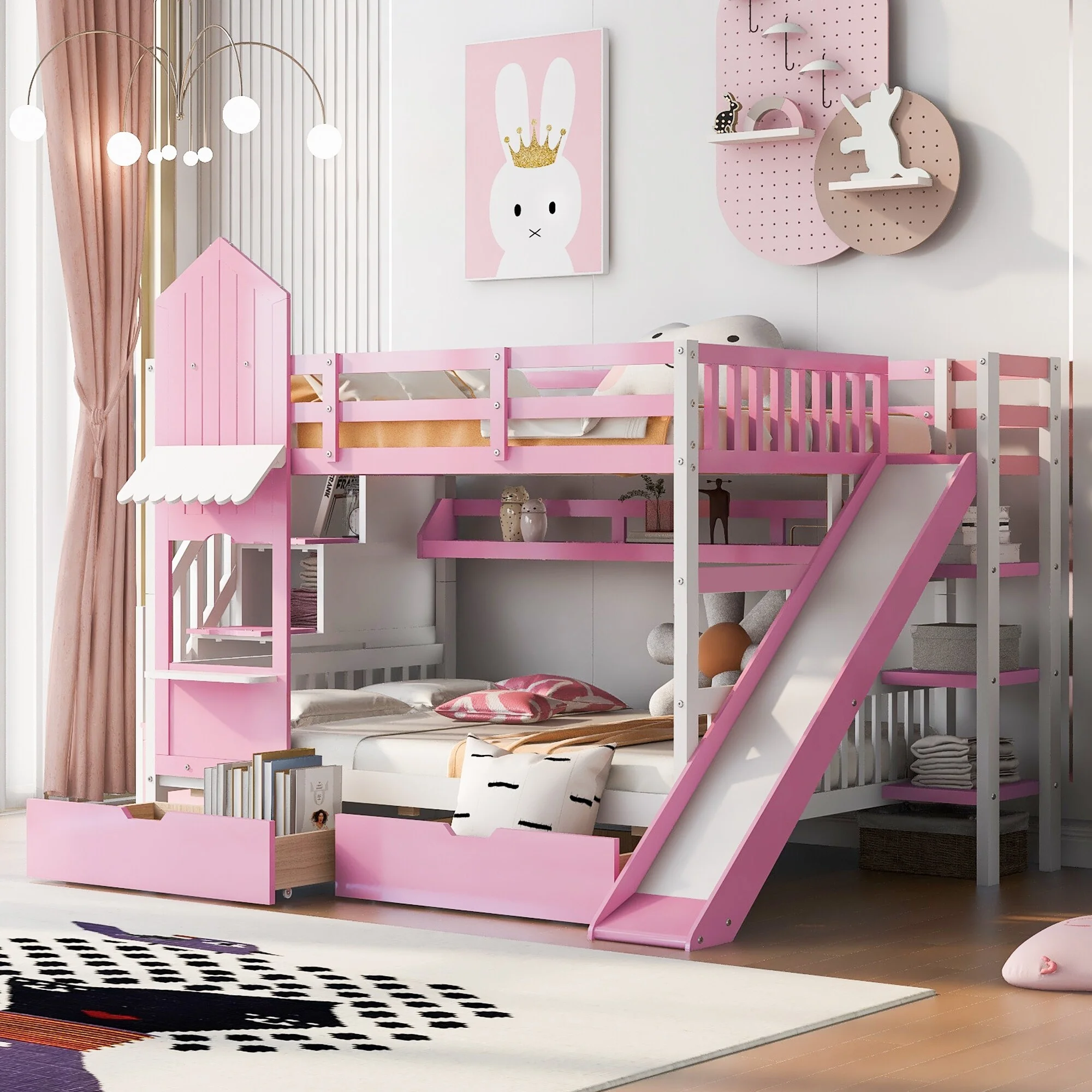 Castle Style Bunk Bed with 2 Drawers, 3 Shelves and Slide Pink - Full