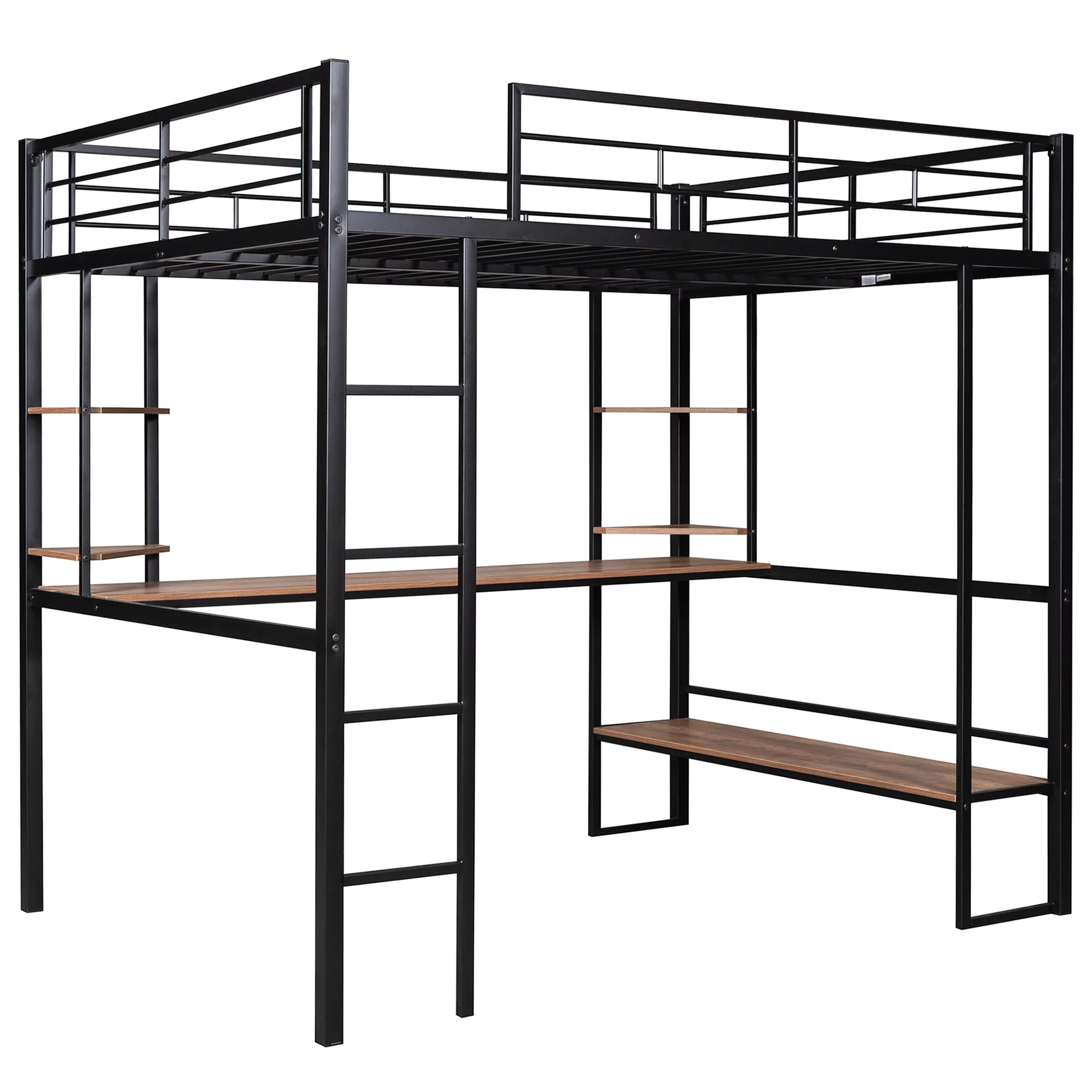 Euroco Full Size Loft Bed with Desk and Shelf, Space Saving Metal Bed, Black