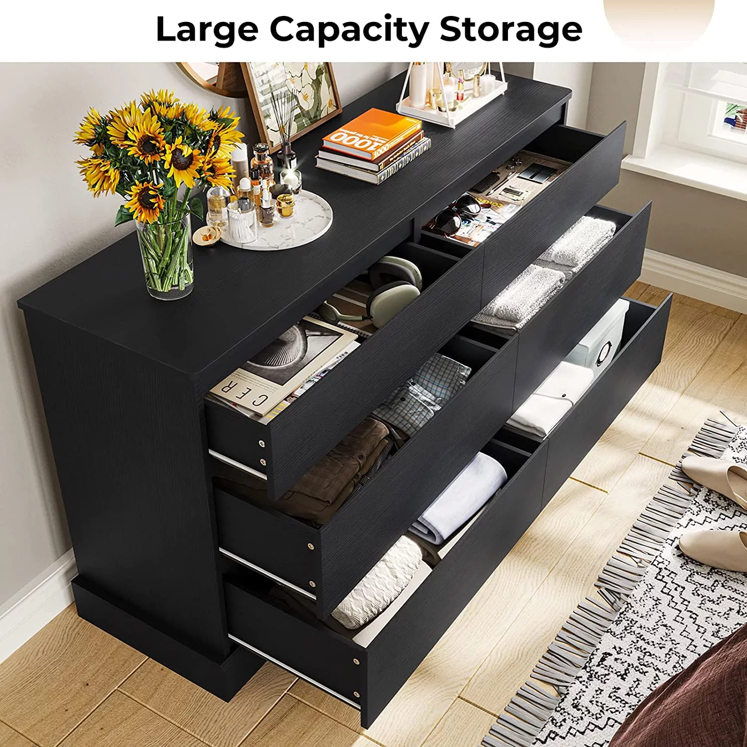 6 Drawer Double Dresser, Large Storage Cabinet for Bedroom, Hallway, Entryway, Black