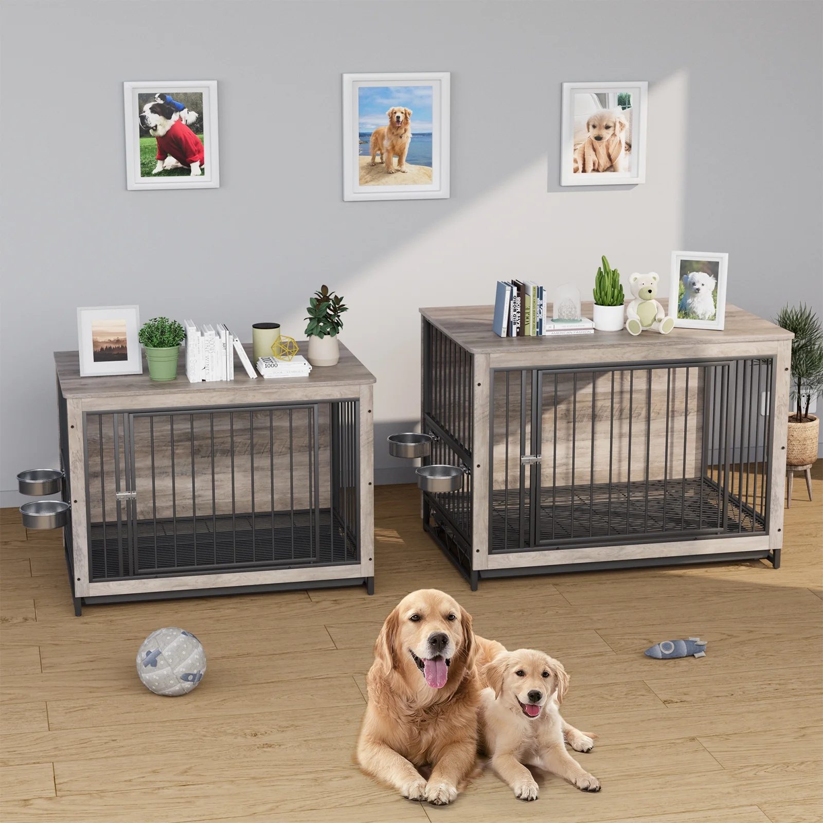 Pirecart  39.4in Wooden Dog Crate Furniture, Dog Kennels with Pull-Out Tray and 2 Bowls