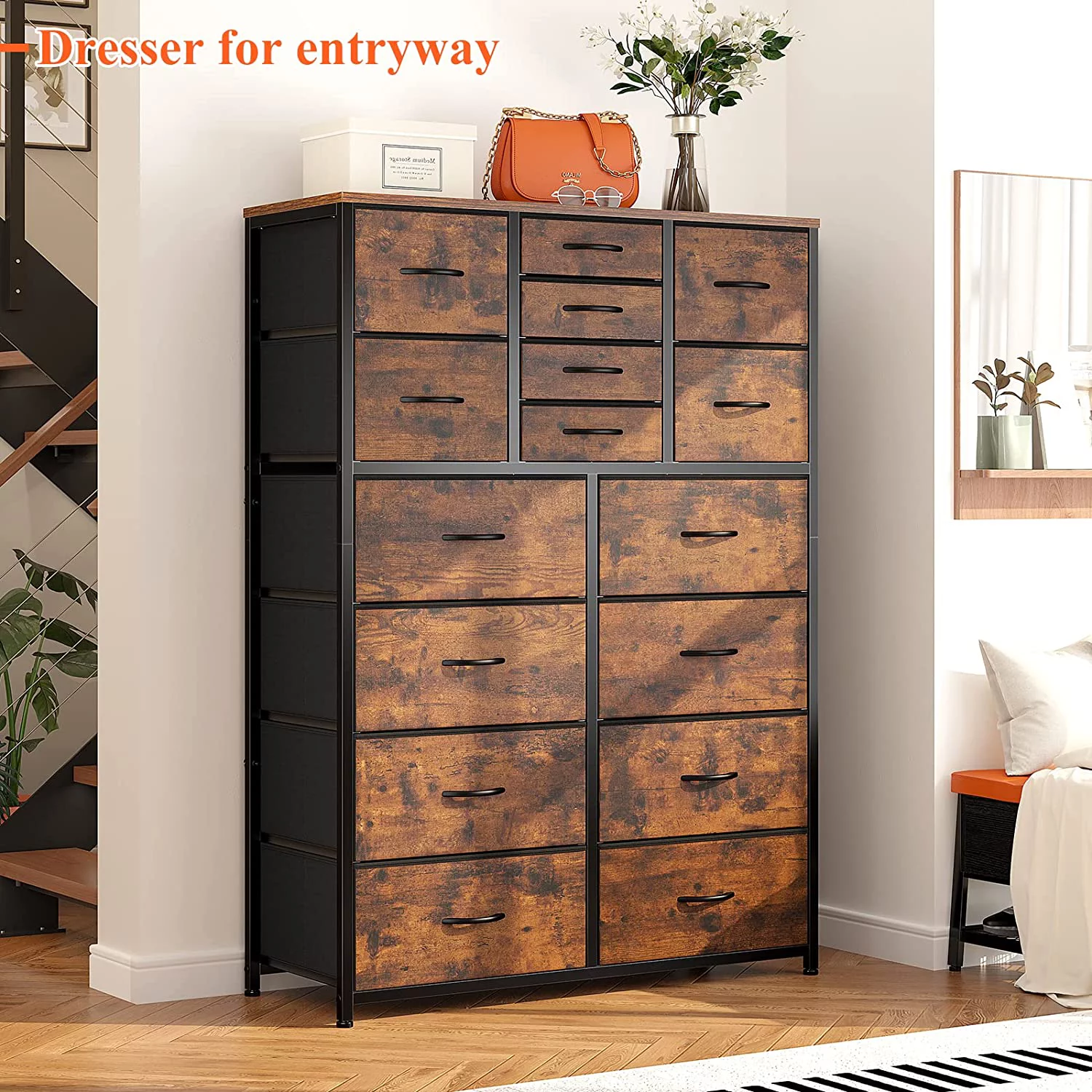 Popular 16 Drawer Dresser  Tall Dresser for Bedroom with Wooden Top and Sturdy Metal Frame  Large Dressers & Chest of Drawers for Bedroom Closet Living Room Entry 57.1"Hx 37.4"