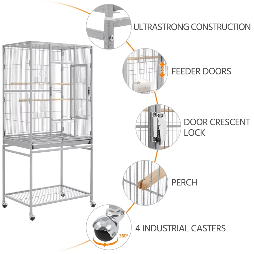 Topeakmart 54''H Large Rolling Metal Parrot Cage Bird Cage with Detachable Stand for Conures Parakeets Cockatiels, Light Gray