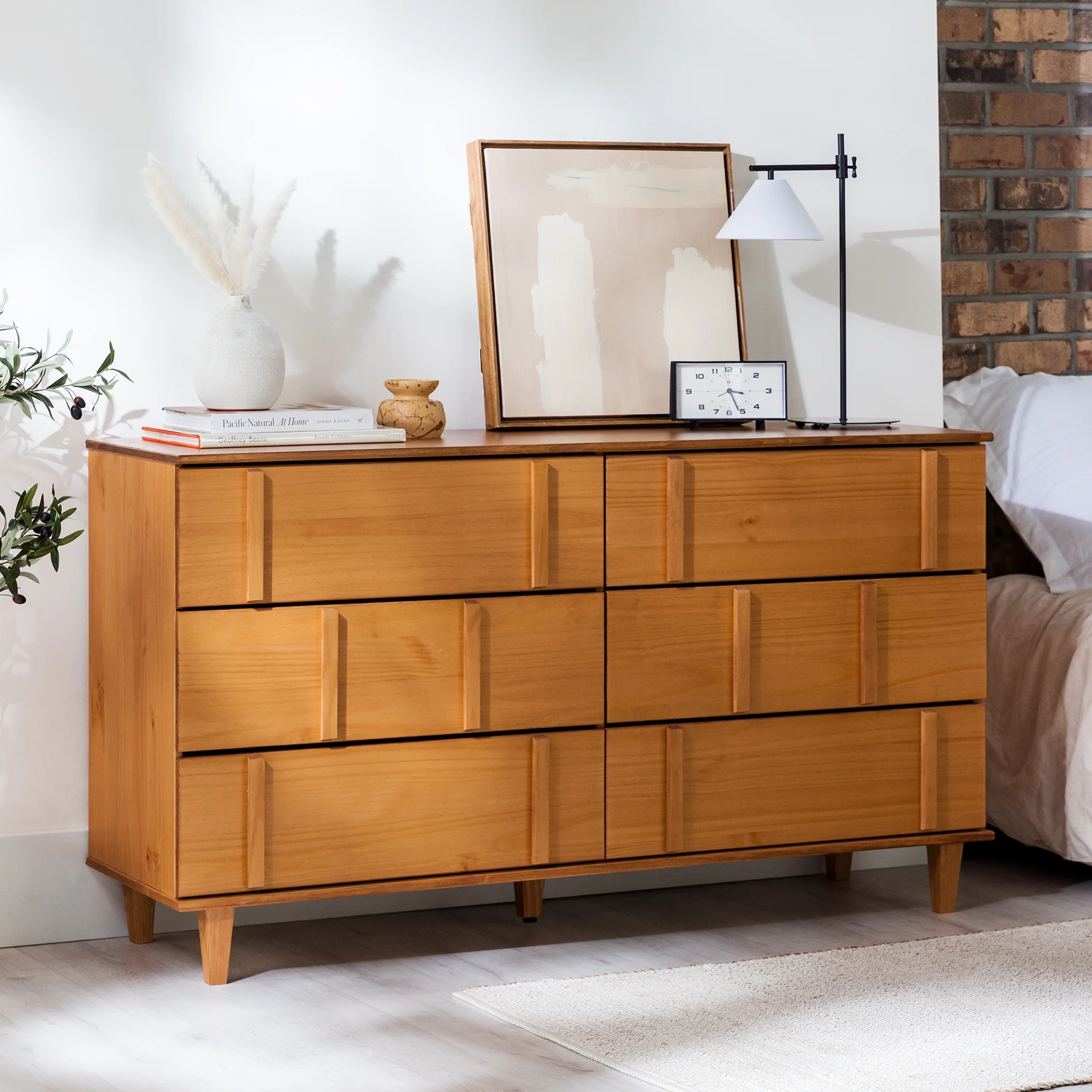 Walker Edison 60” Contemporary Vertical Drawer Pulls Solid Wood Dresser, Caramel