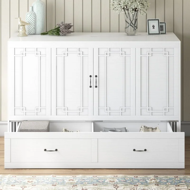 Mixoy Murphy Bed with Mattress,Foldable Space-Saving Cube Cabinet Bed White - Queen