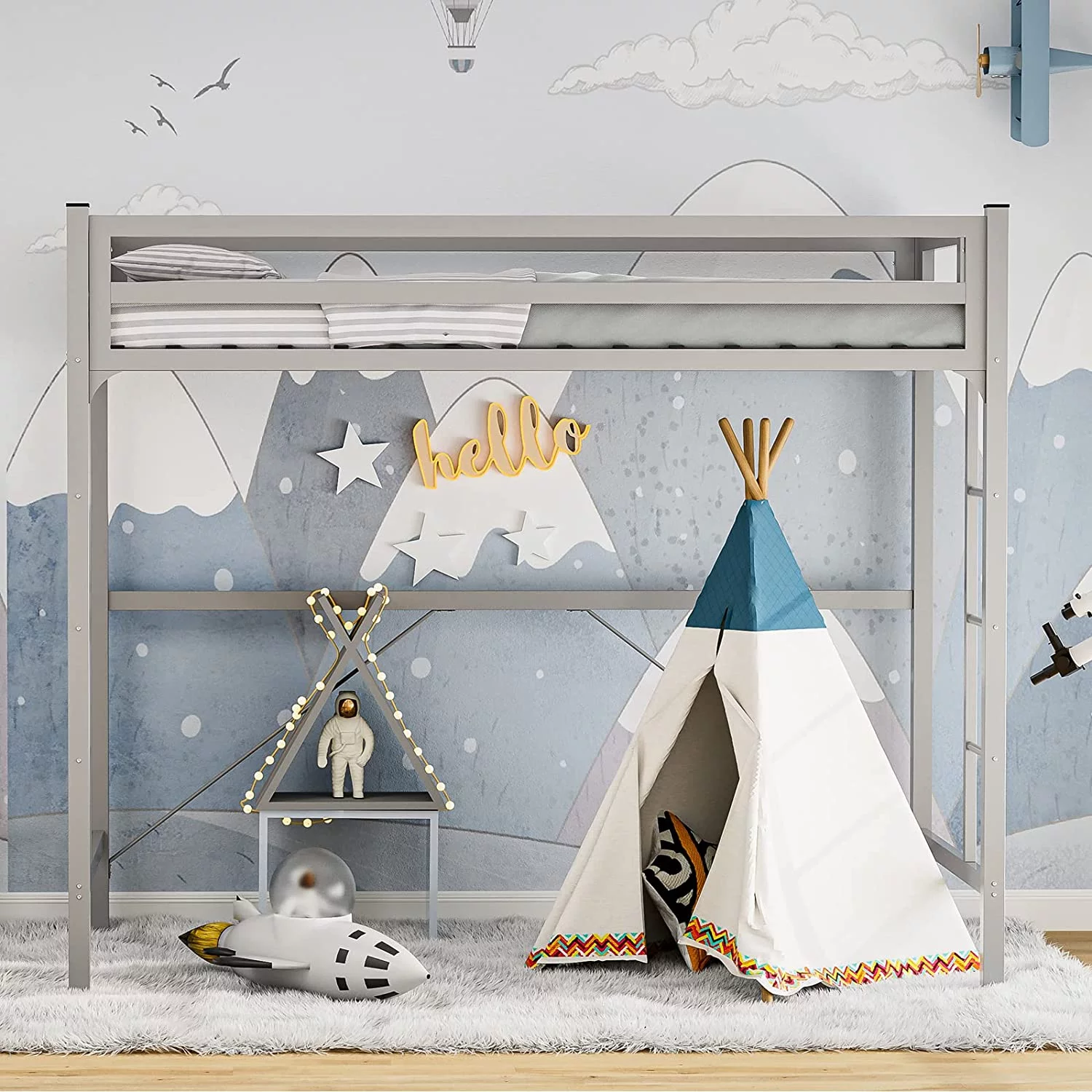 IKIFLY Metal Twin Size Loft Bed Frame - Heavy Duty Junior Loft Beds with 2 Ladders & Safety Guard Rail, Space-Saving, Noise Free, for Kids / Adults / Teens - Silver Grey