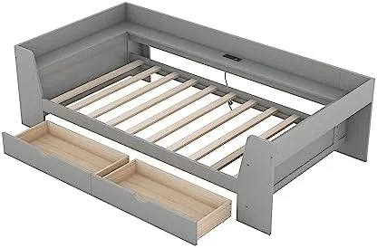 LLBIULife Harper & Bright Designs Twin Daybed with  Drawers  Shelves and Built-in Charging Station  Wood Twin  Bed Frame  for Bedroom Living Room (Twin Size  White)