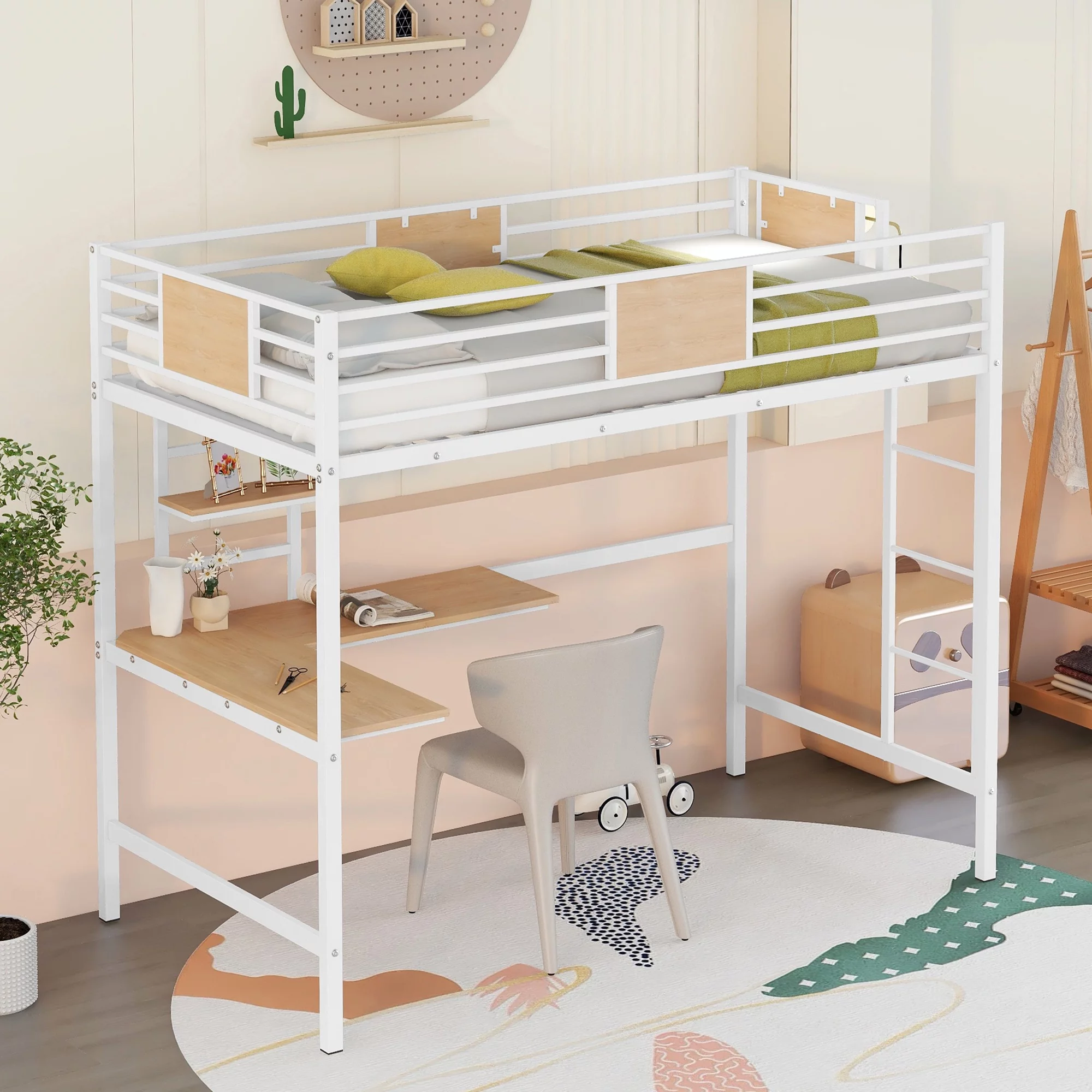 Bellemave Twin Metal Loft Bed with L-Shape Desk and Shelve,Sturdy Metal Loft Bed Frame with Guardrail for Kids,Teens,White