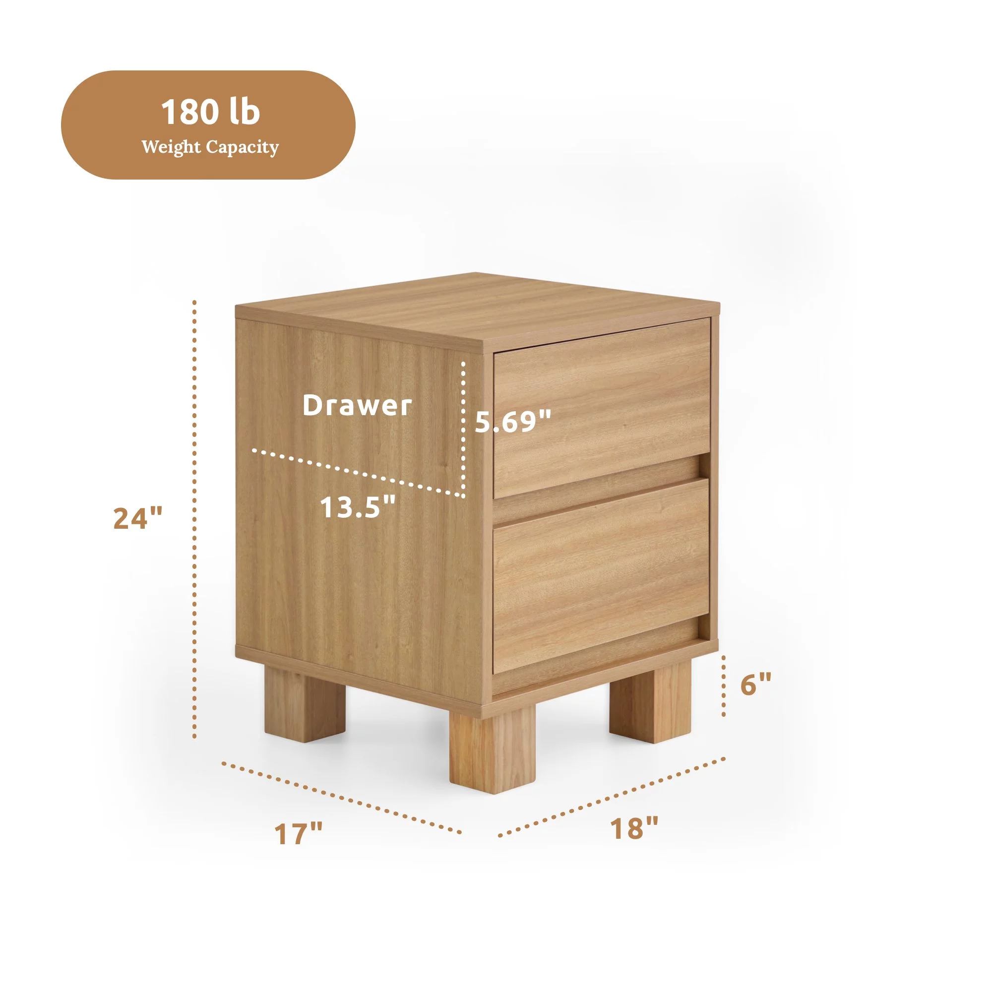 Rest Haven Modern Wood 2-Drawer Nightstand with Square Legs, Light Oak