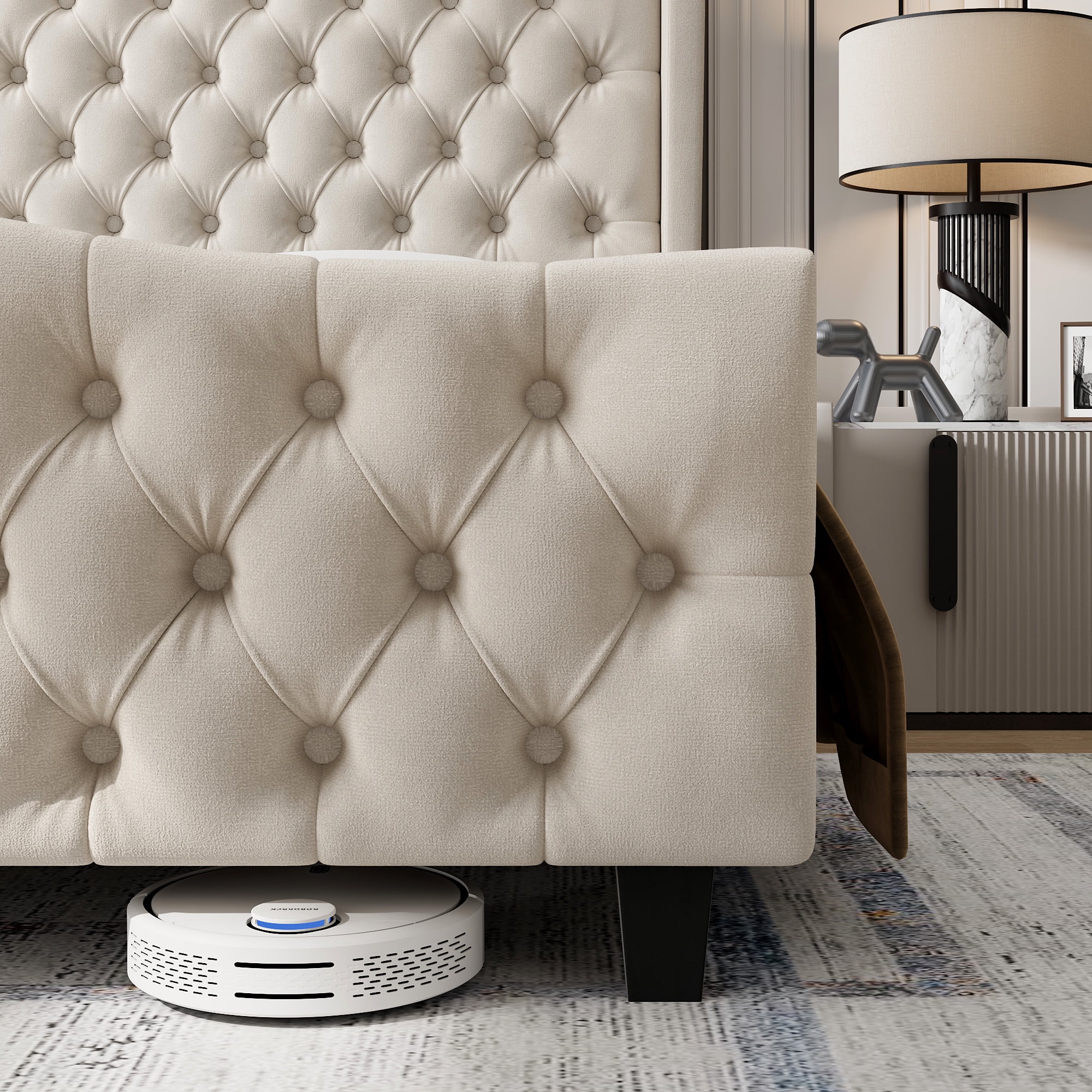 Homfa Queen Size Bed, 54.3” Tall Modern Velvet Tufted Upholstered Platform Bed Frame with Deep Button Wingback Headboard, Beige