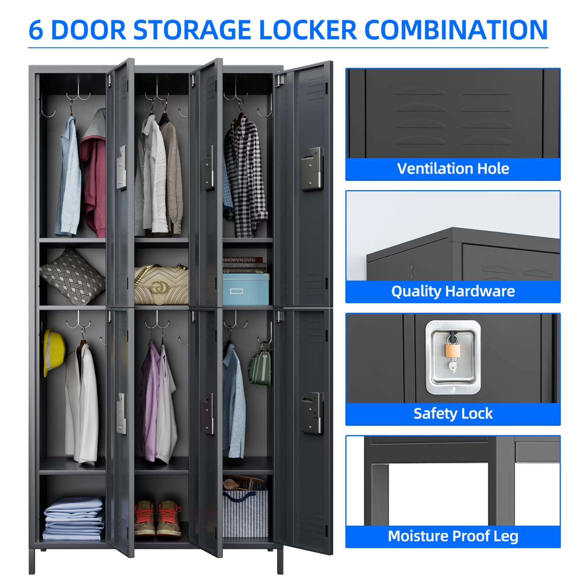 JAORD Metal Storage Locker with 6 Doors Large Steel Cabinet for Gym,Garage,Living Room,Office,School with Locking Doors