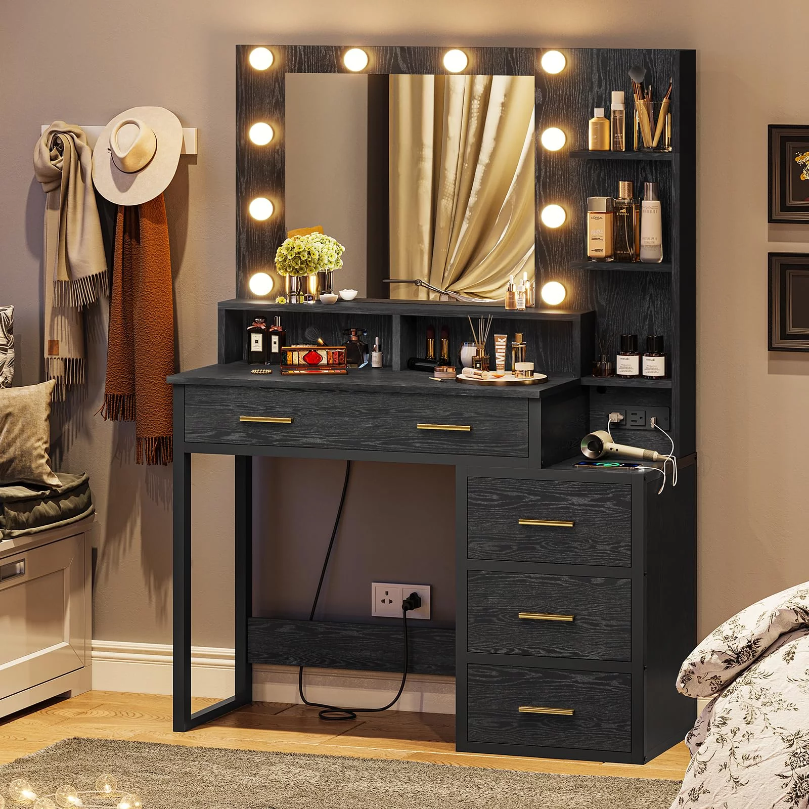 Makeup Vanity with 10 Light Bulbs, Modern Vanity Desk with Mirror and 3 Lighting Modes, Vanity Table with 2 USB Ports and Outlets, Black