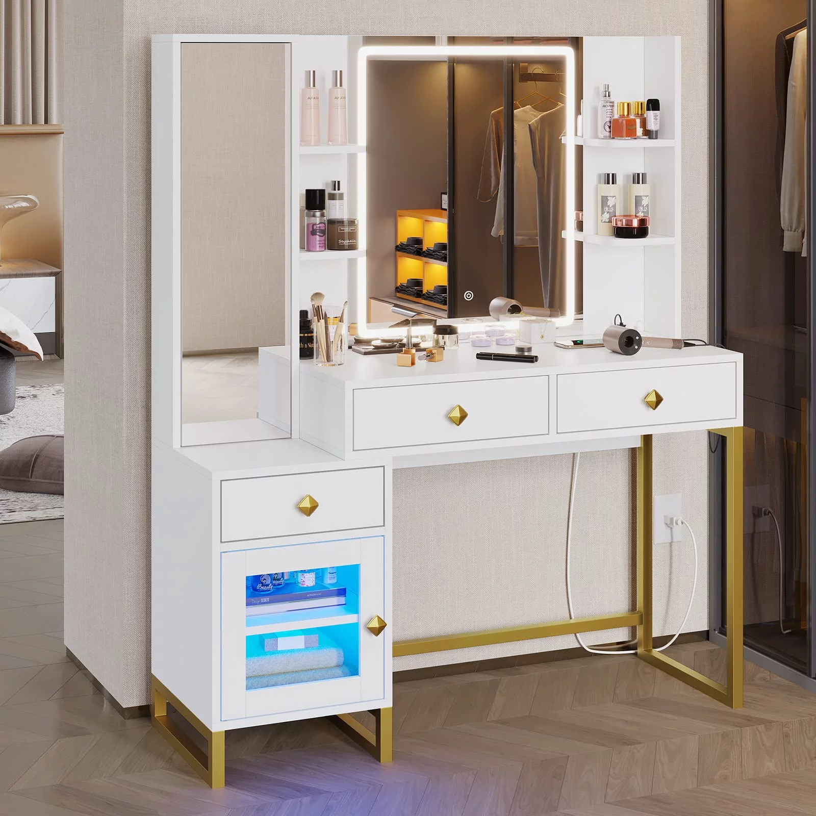 Makeup Vanity Desk with Lighted LED Mirror & Charging Station, Large LED Vanity Desk Dressing Table with 3 Drawers&RGB Cabinet&Nightstand for Women Girls, White&Gold