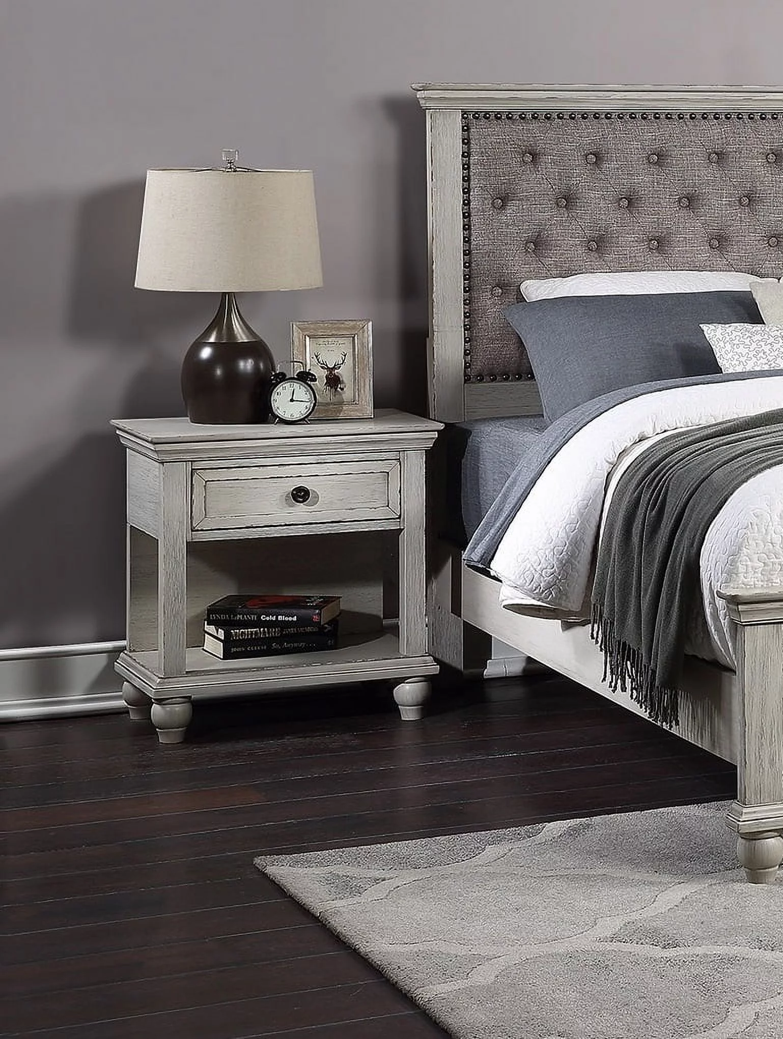 Transitional Bedroom White Finish 5pc Bedroom Set Eastern King Size Bed Dresser Mirror 2x Nightstands Furniture