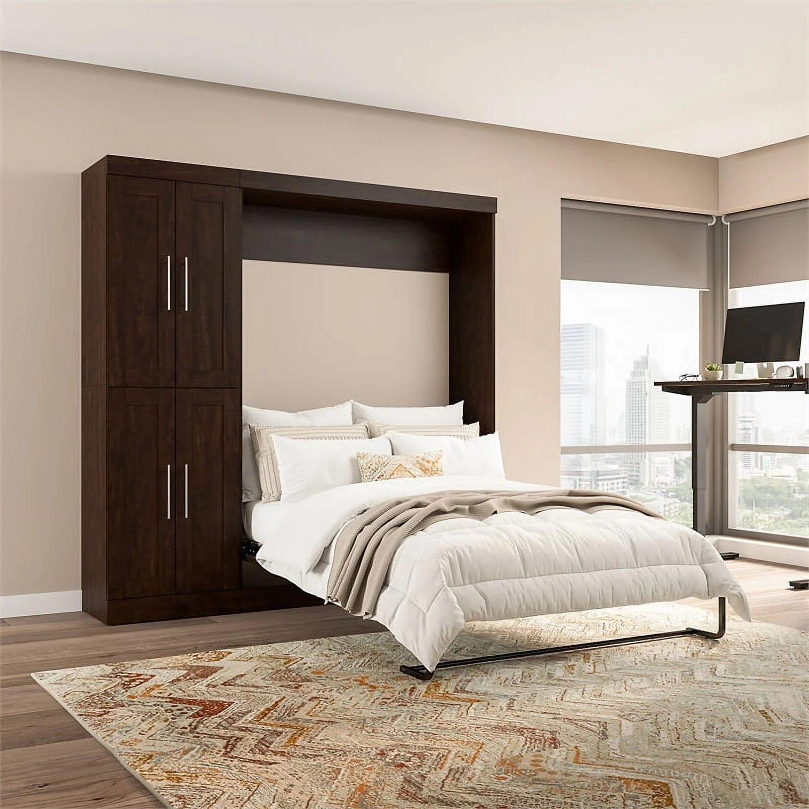 Bestar Pur 84W Engineered Wood Full Murphy Bed w/ Closet Organizer in Chocolate