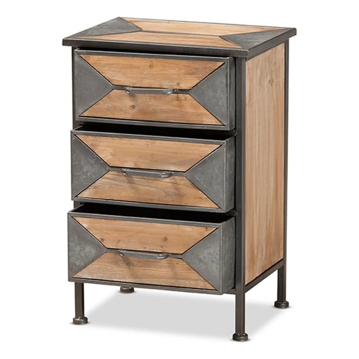 Baxton Studio Laurel Rustic Industrial Antique Grey Finished Metal and Whitewashed Oak Brown Finished Wood 3-Drawer