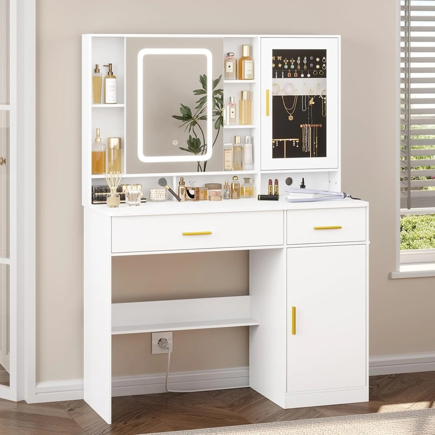 Makeup Vanity Desk with Mirror and Lights, Modern Vanity Desk Dressing Table with Charging Station&2 Drawers&Jewelry Cabinet for Women Girls, White