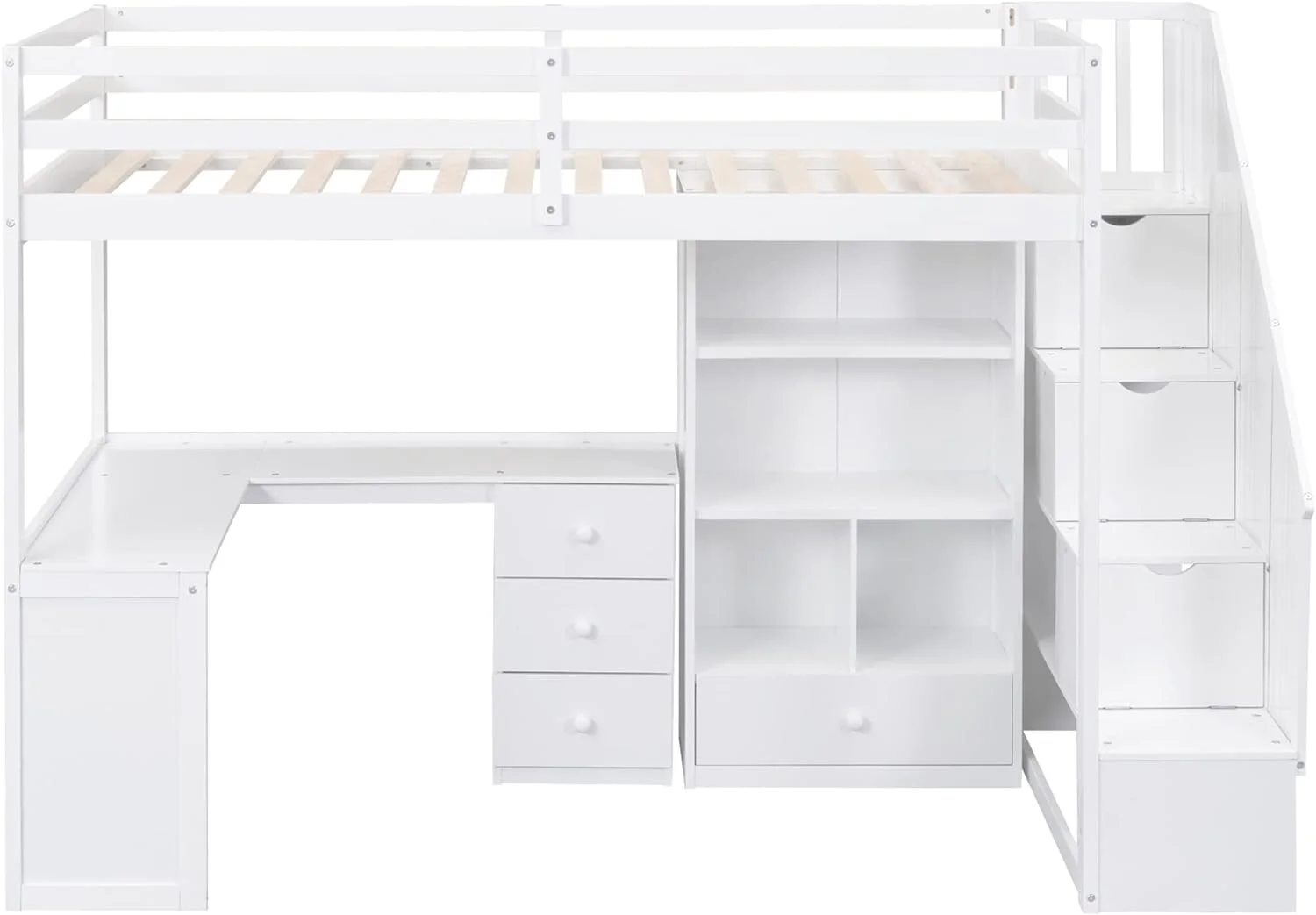 Size Loft Bed With Stairs Ad L-Shaped Desk, Wood Loft Bed With Storage Drawers Ad Cabiet, Loft Bed With Guardrails For Kids Girls Boys, White