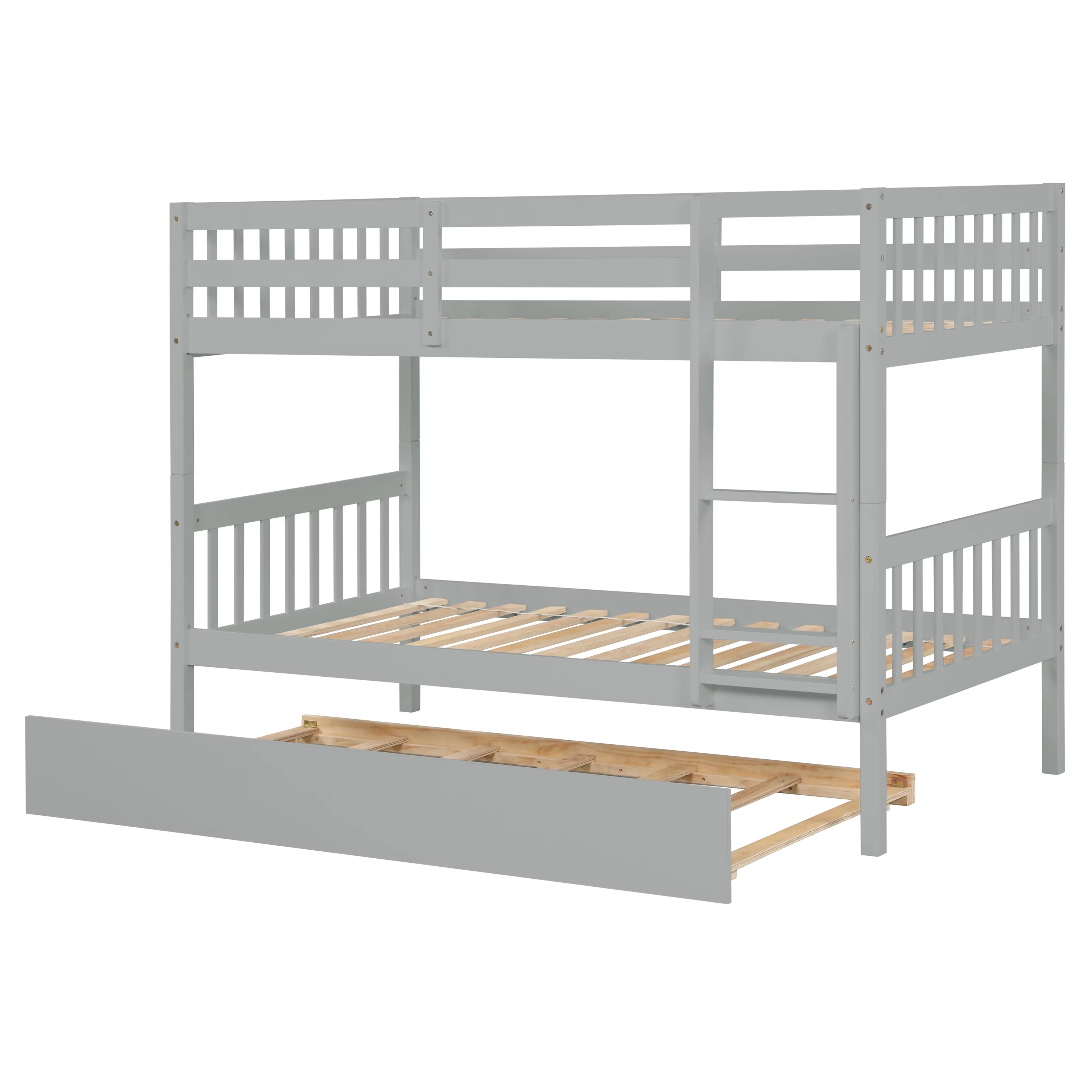 Bellemave Twin over Twin Bunk Bed with Trundle, Convertible Wood Bunk Bed with Ladder and Guardrails for 3 Kids, Teens, No Box Spring Needed (Gray)