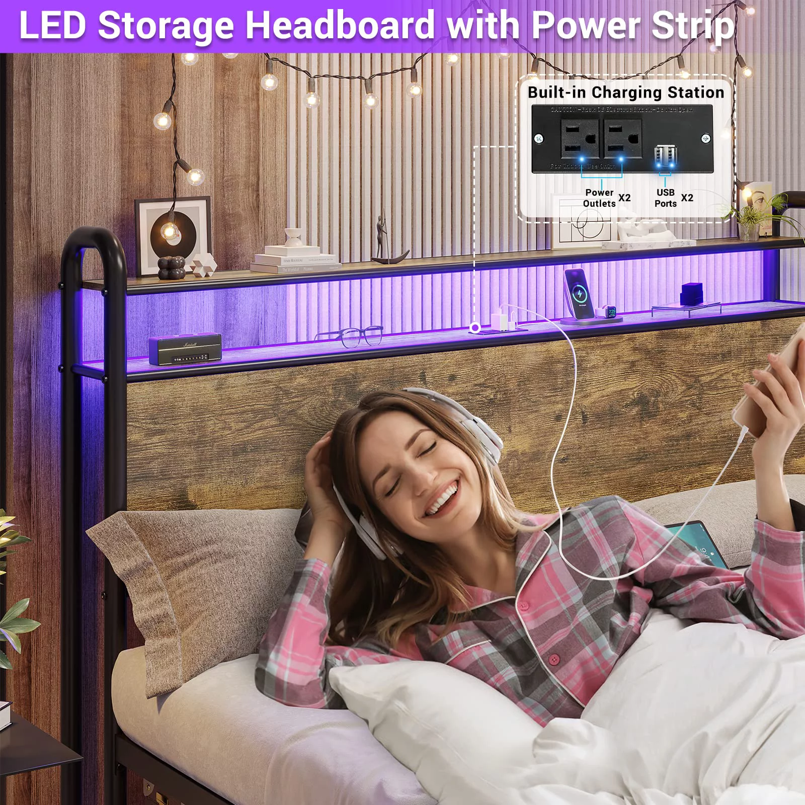 LED Metal Bed Frame with USB Ports & Outlets & LED Headboard, King Platform Bed Frame with 2-Tier Storage Headboard, No Box Spring Needed, Rustic Brown