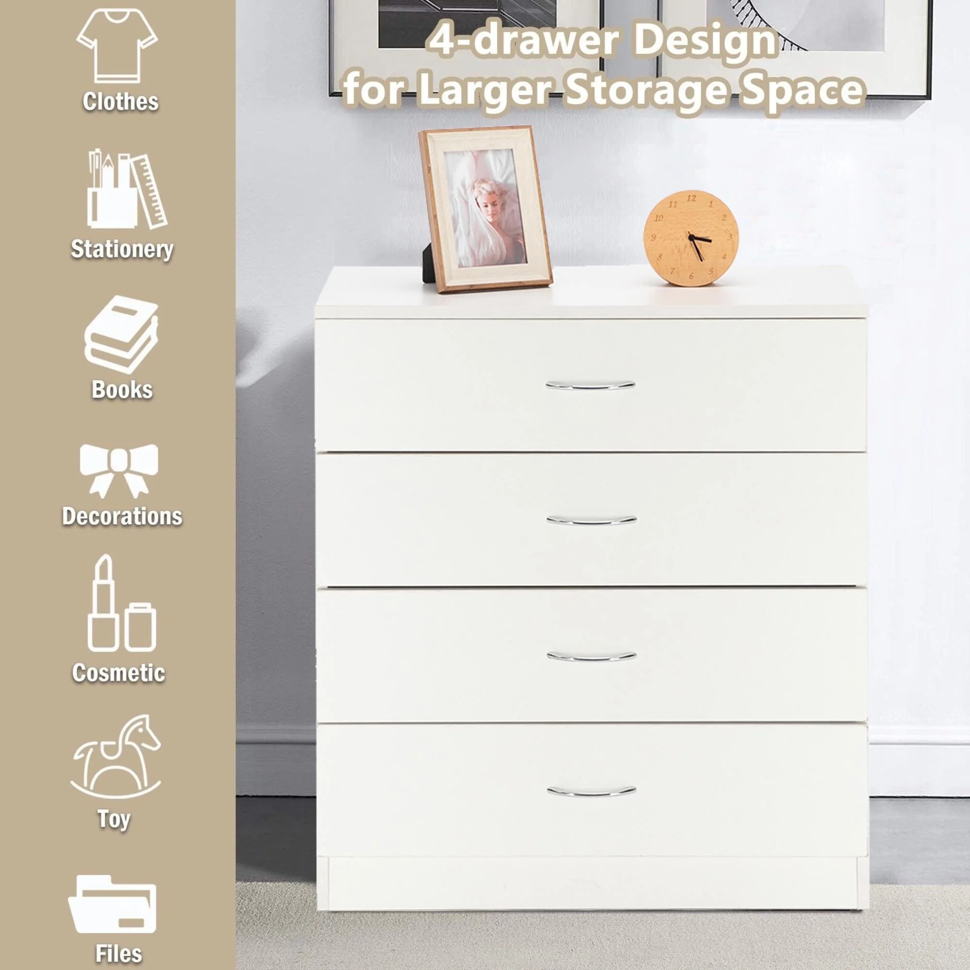 Glavbiku Modern Wood 4 Drawer Nightstand Dresser,Storage Cabinet for Bedroom,White,Adult,28.7