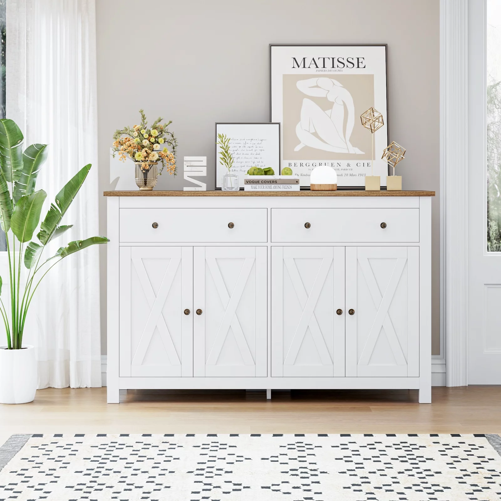 Homfa 4-Doors 2-Drawers Farmhouse Storage Cabinet, Wood Sideboard with Adjustable Shelves for Kitchen Dining Room, White