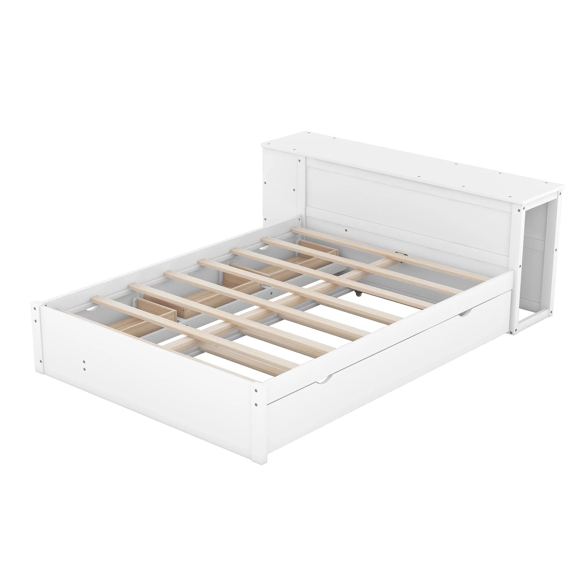 Churanty Full Size Platform Bed Frame with Rolling Desk and Storage Headboard Modern Wood Bed Frame with Trundle and Drawers,White