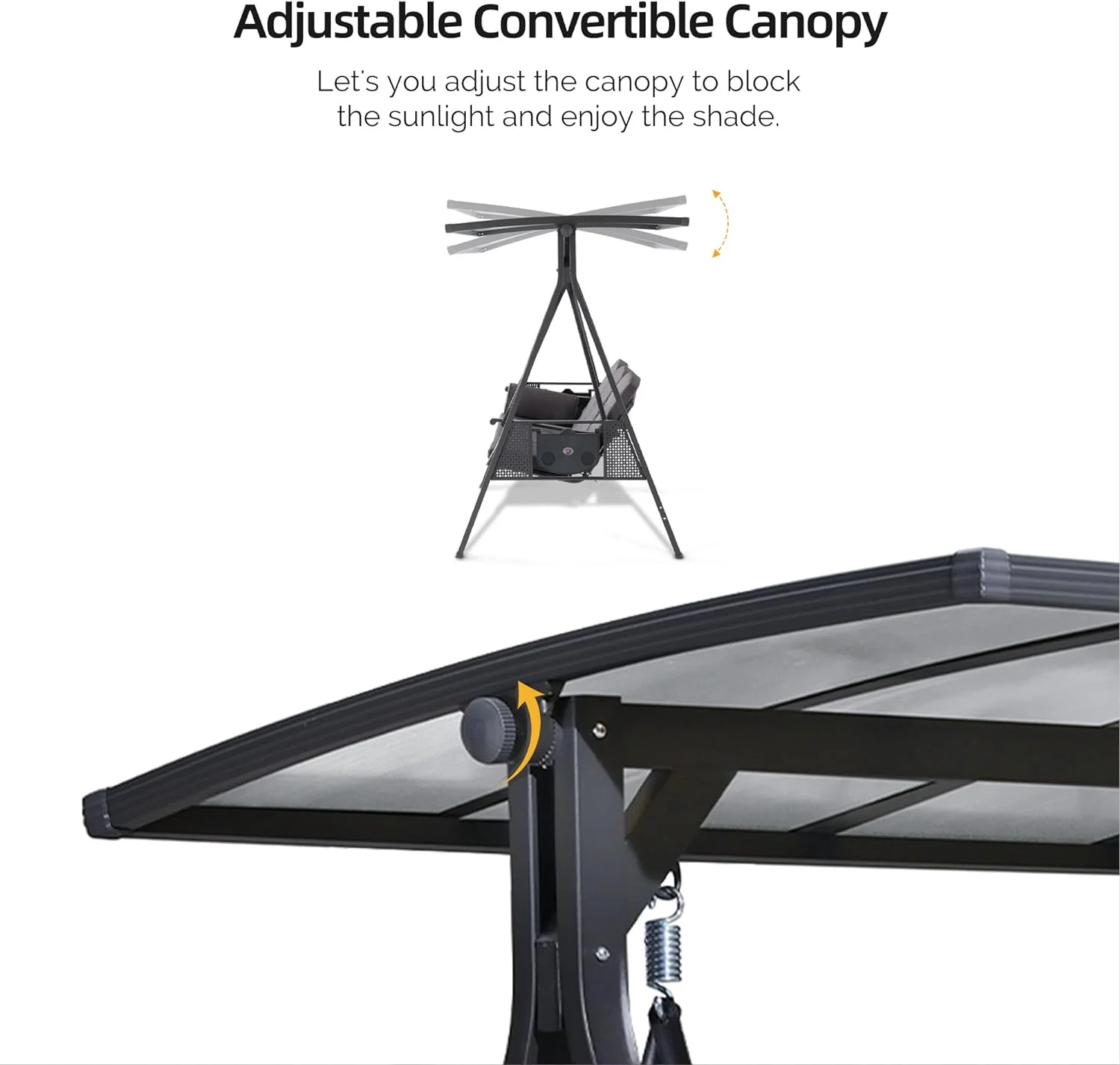 PURPLE LEAF Outdoor Patio Porch Swing with Adjustable PVC Canopy, 3-Seat Swing Chair Bench with Side Cup Holder for Backyard Front Porch Lawn, Cushions and Pillow Included, Grey