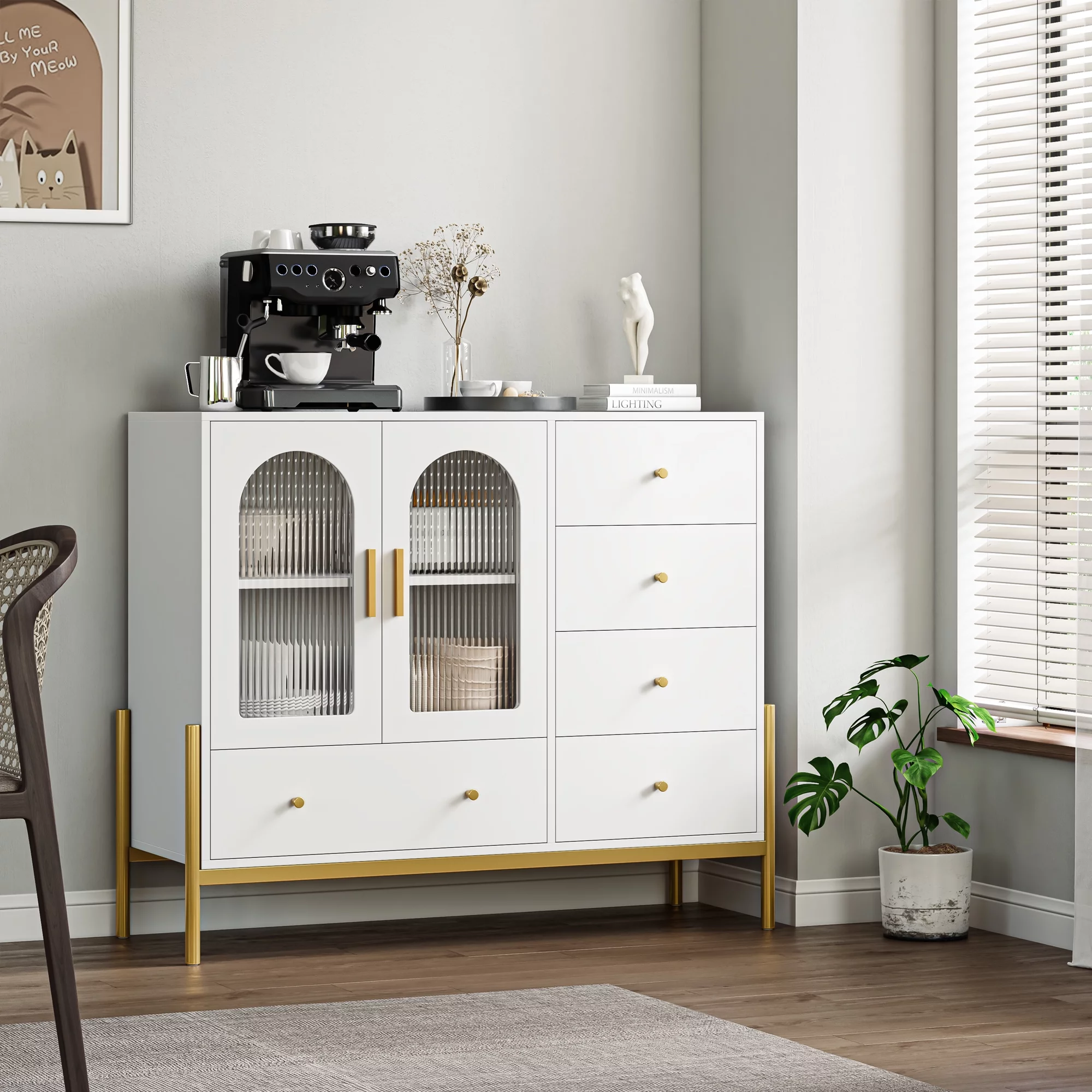 Homfa 5 Drawer Dresser for Bedroom, Modern Accent Storage Cabinet with Glass Door and Metal Base for Adult, White